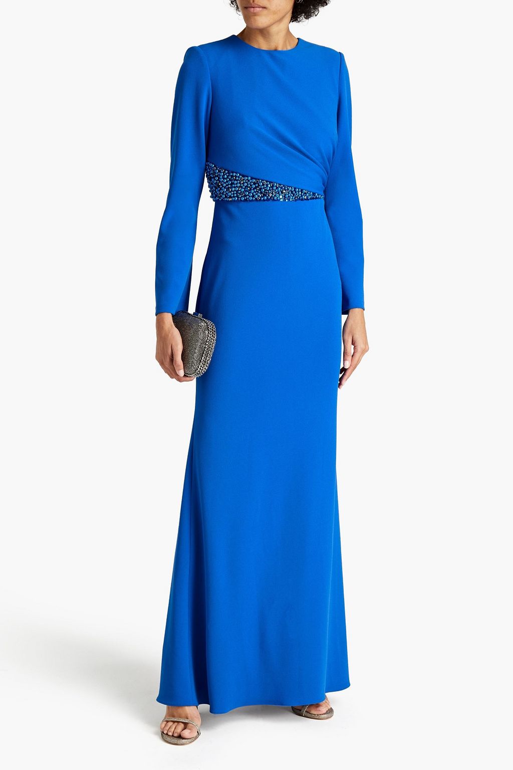 BADGLEY MISCHKA Embellished gathered stretch-crepe gown