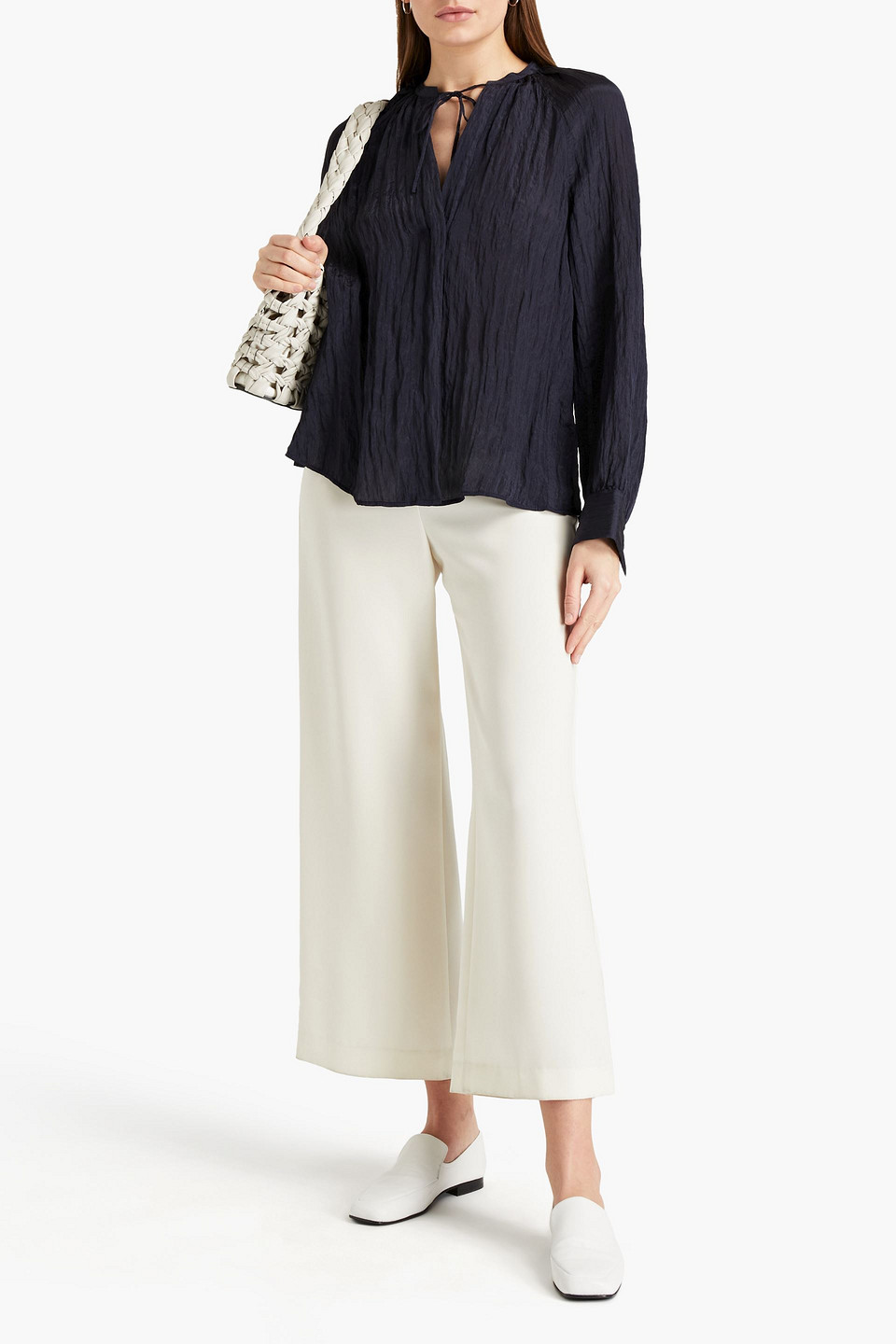 VINCE TIE-NECK CRINKLED SATIN BLOUSE