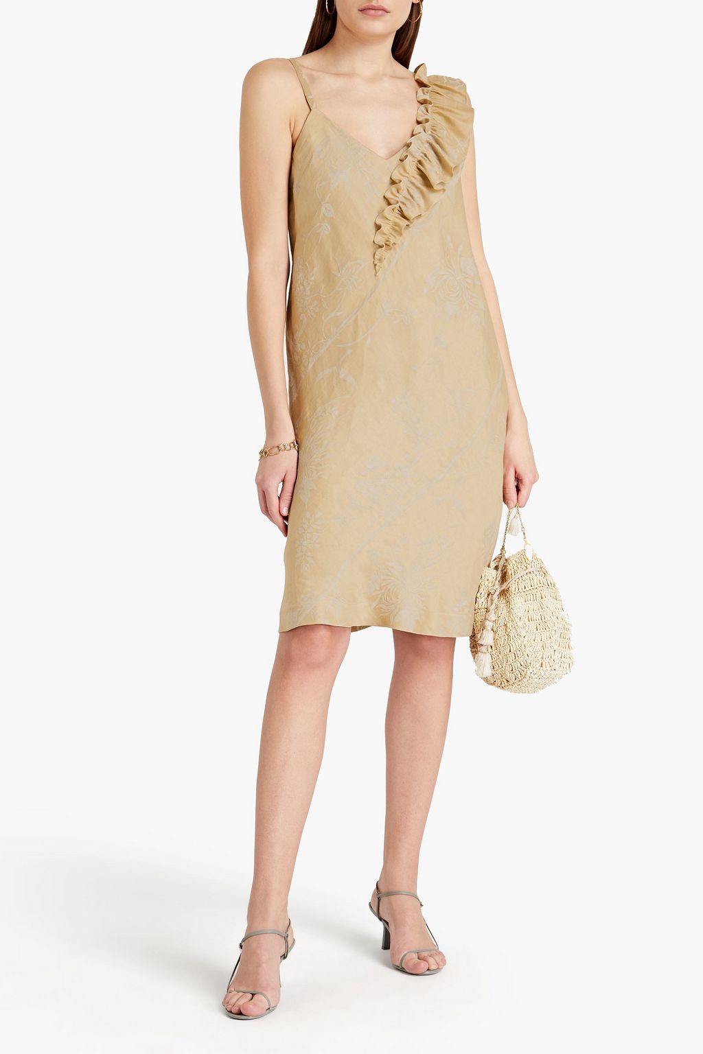 GENTRYPORTOFINO Ruffled linen and silk-blend floral-jacquard dress