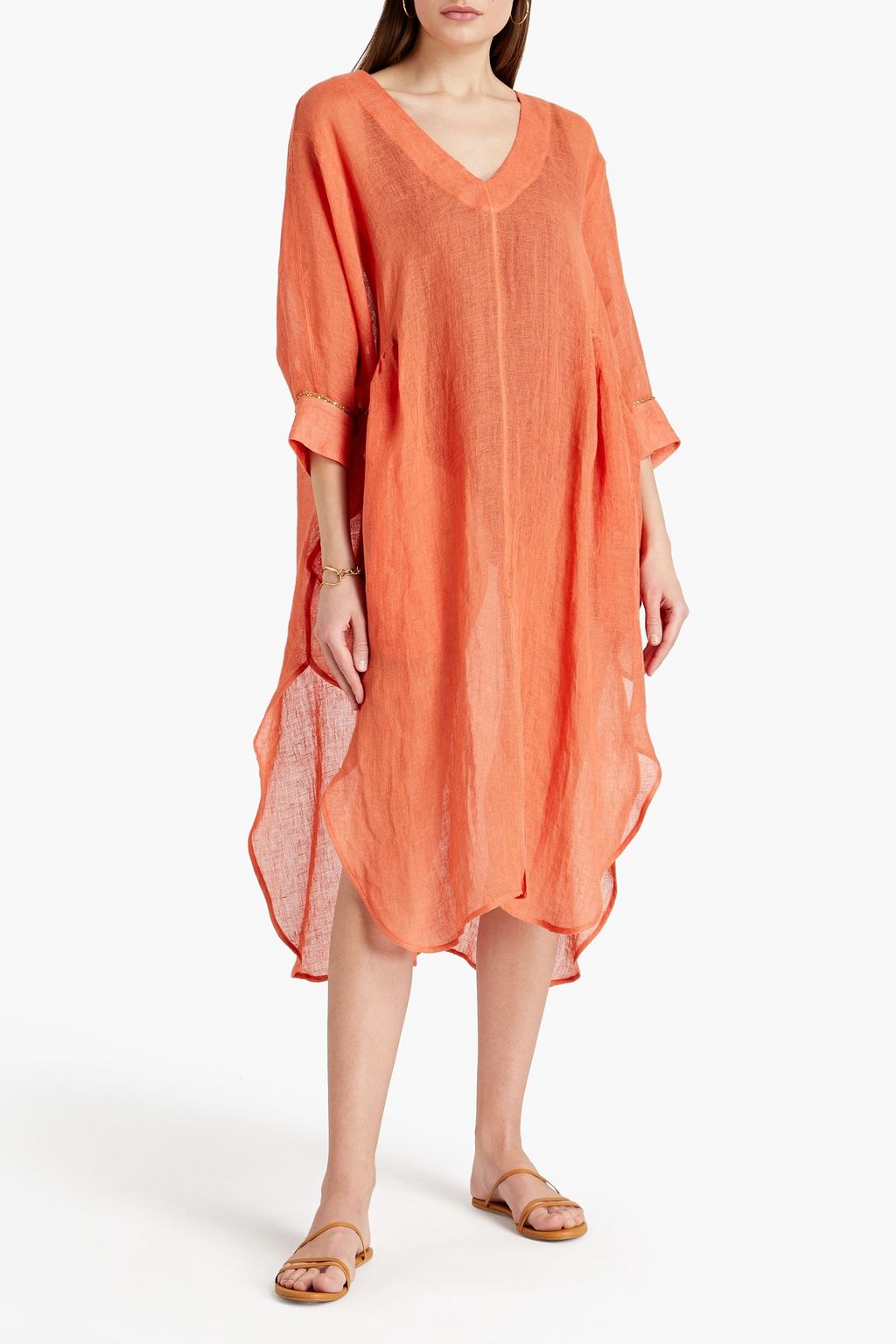 GENTRYPORTOFINO Metallic-trimmed embellished linen-gauze kaftan