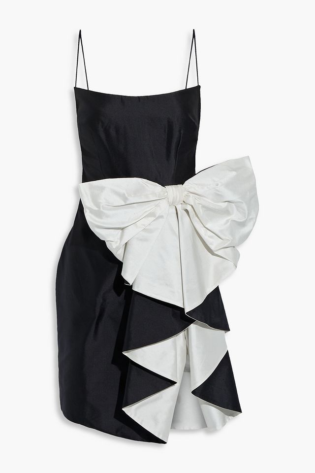 Bow-embellished draped two-tone silk-shantung mini dress