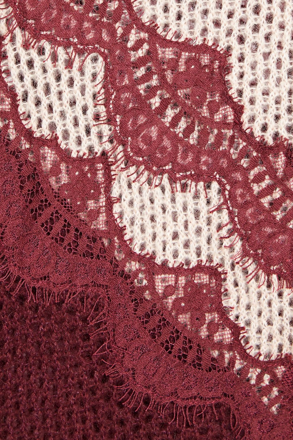 GIAMBA Two-tone lace-trimmed open-knit turtleneck sweater