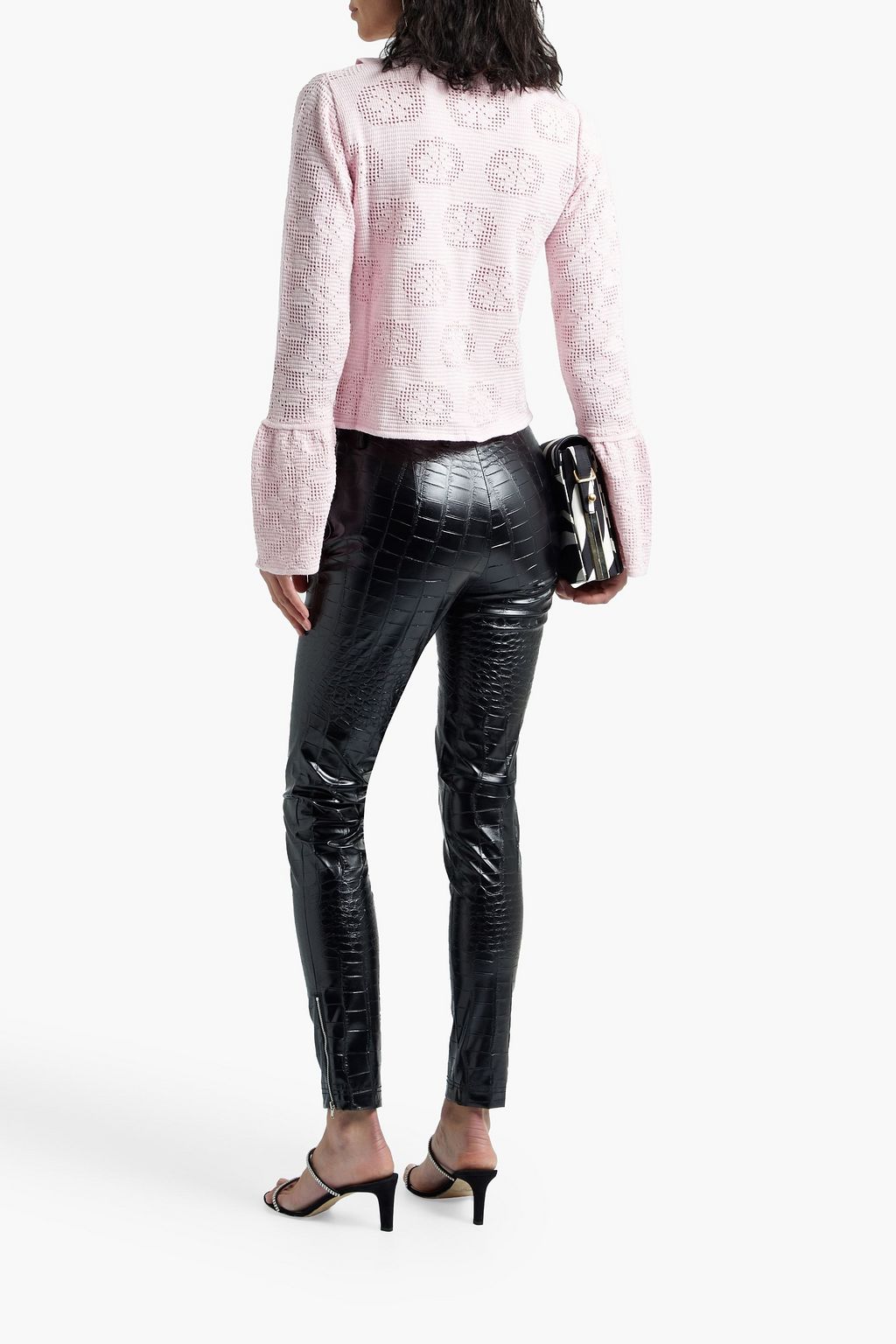 GIAMBA Ruffled lace-trimmed open-knit cotton-blend sweater