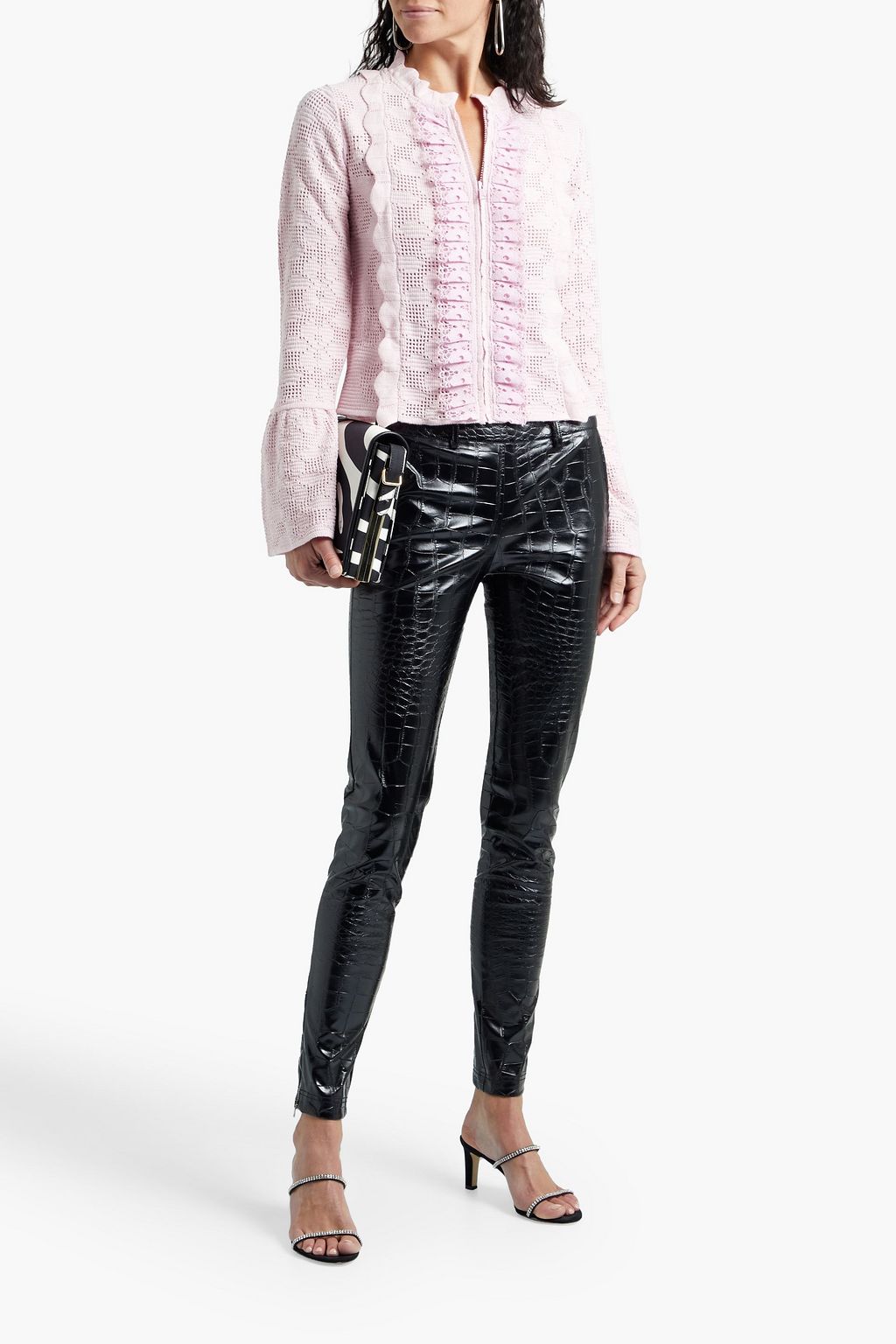 GIAMBA Ruffled lace-trimmed open-knit cotton-blend sweater