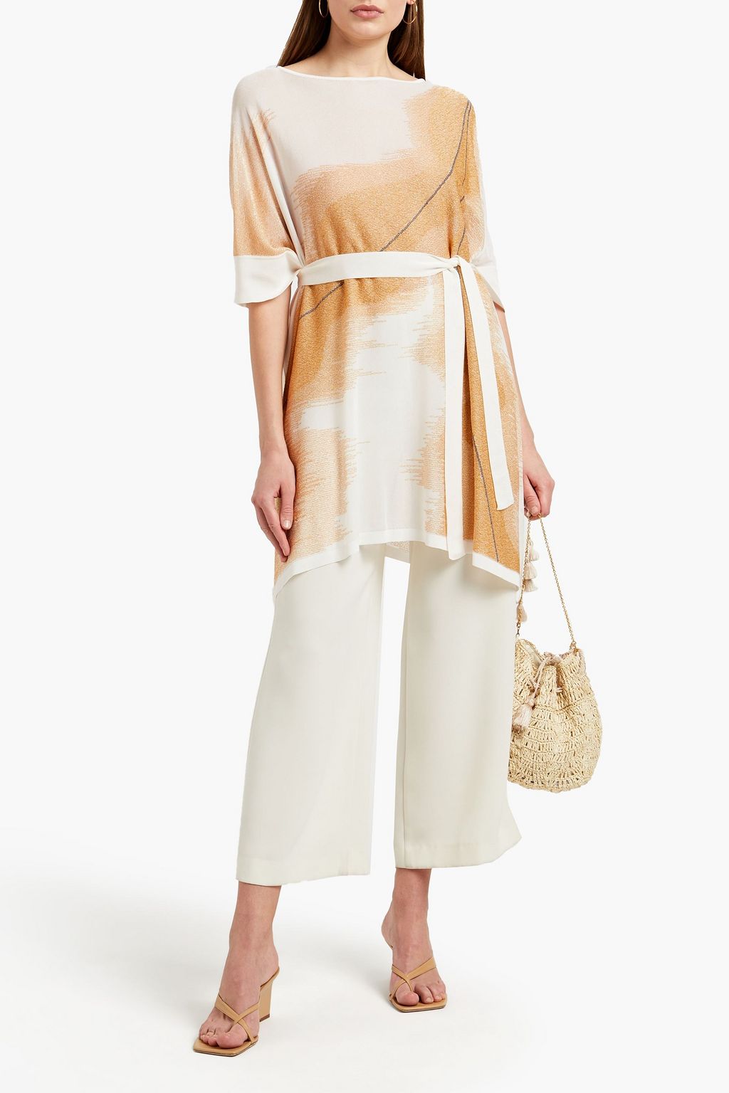 GENTRYPORTOFINO Belted metallic crochet-knit top