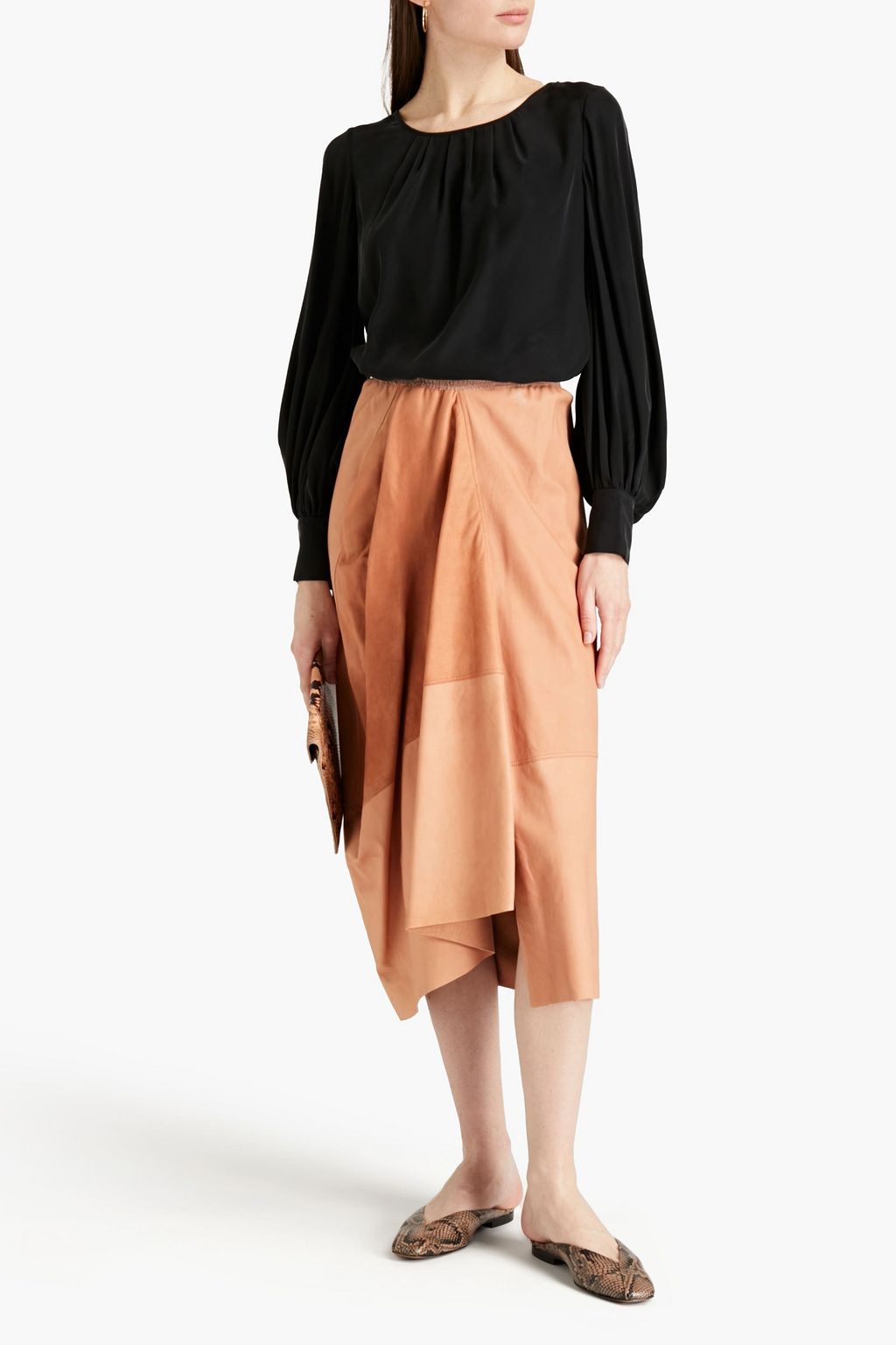 GENTRYPORTOFINO Asymmetric draped leather midi skirt