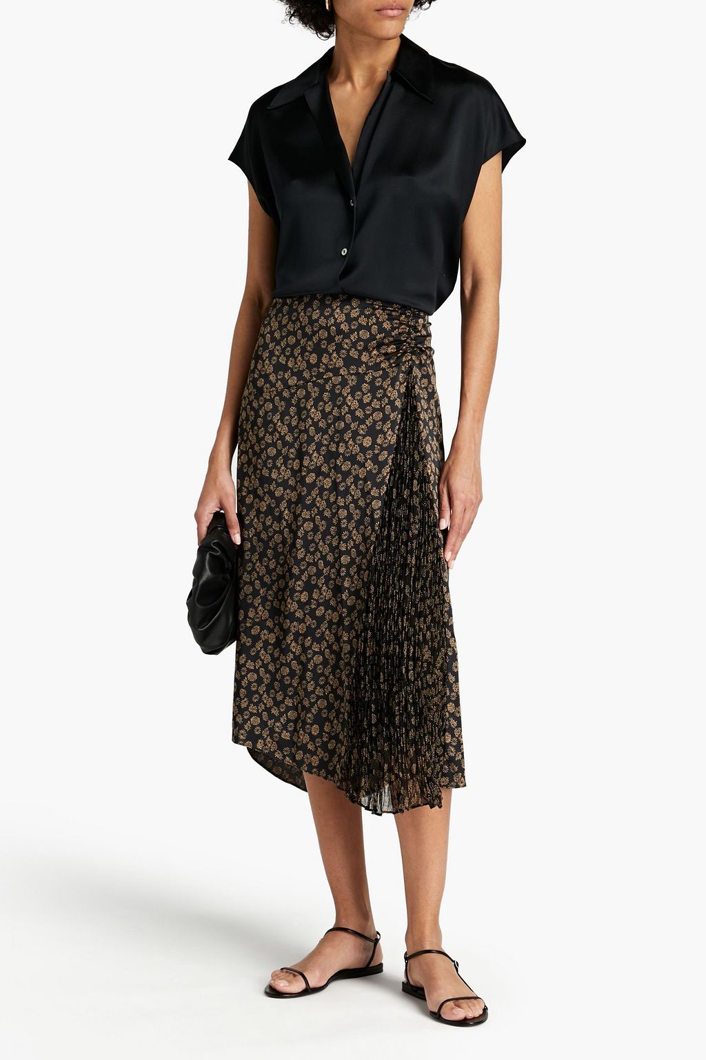 VINCE. Georgette-paneled printed satin-crepe midi skirt