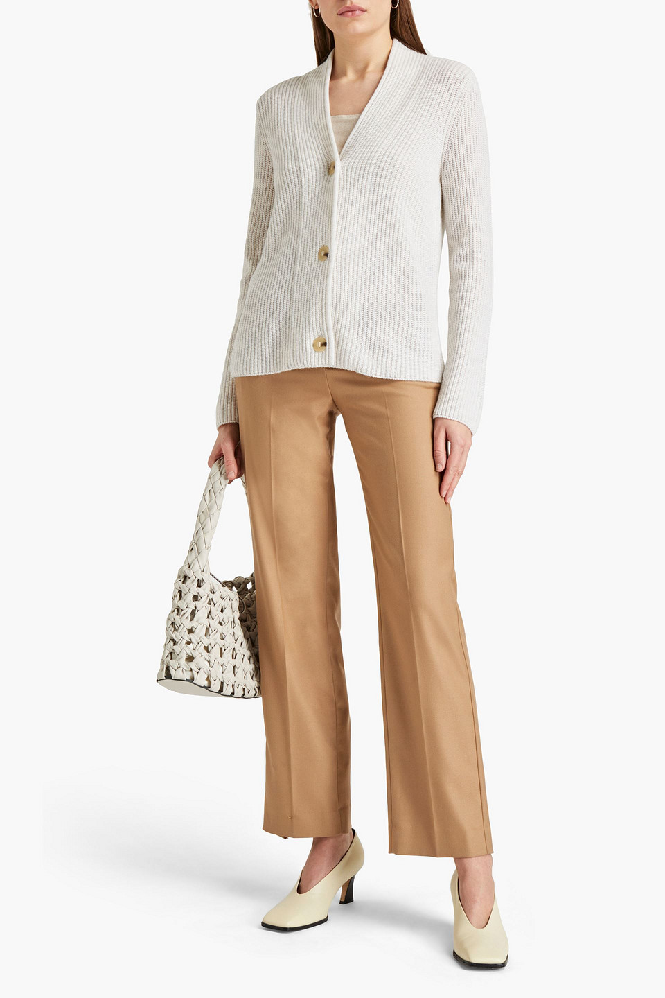 Vince Ribbed Wool And Cashmere-blend Cardigan In Neutrals