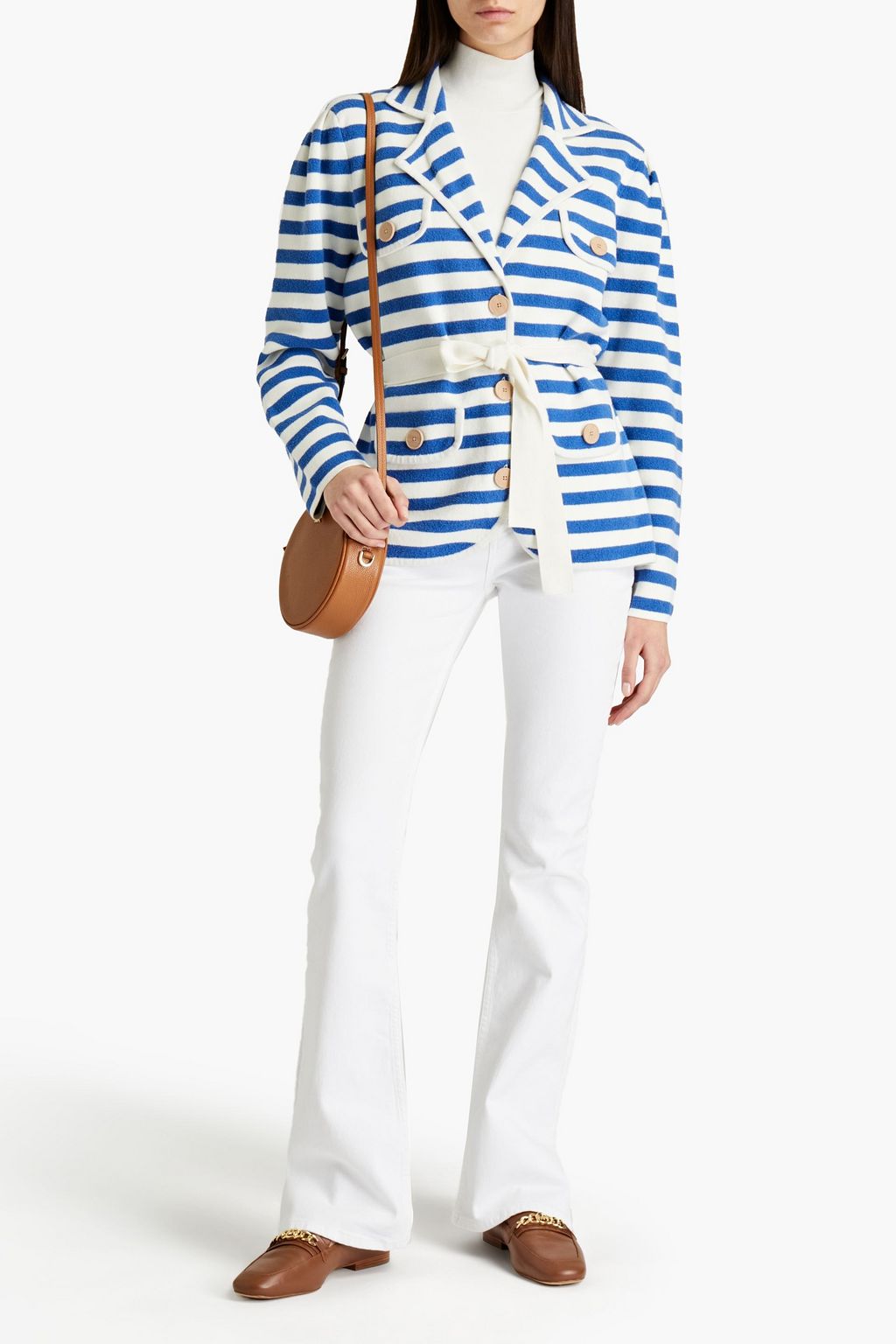 CLAUDIE PIERLOT Mystique belted terry-paneled striped cotton-blend jacket