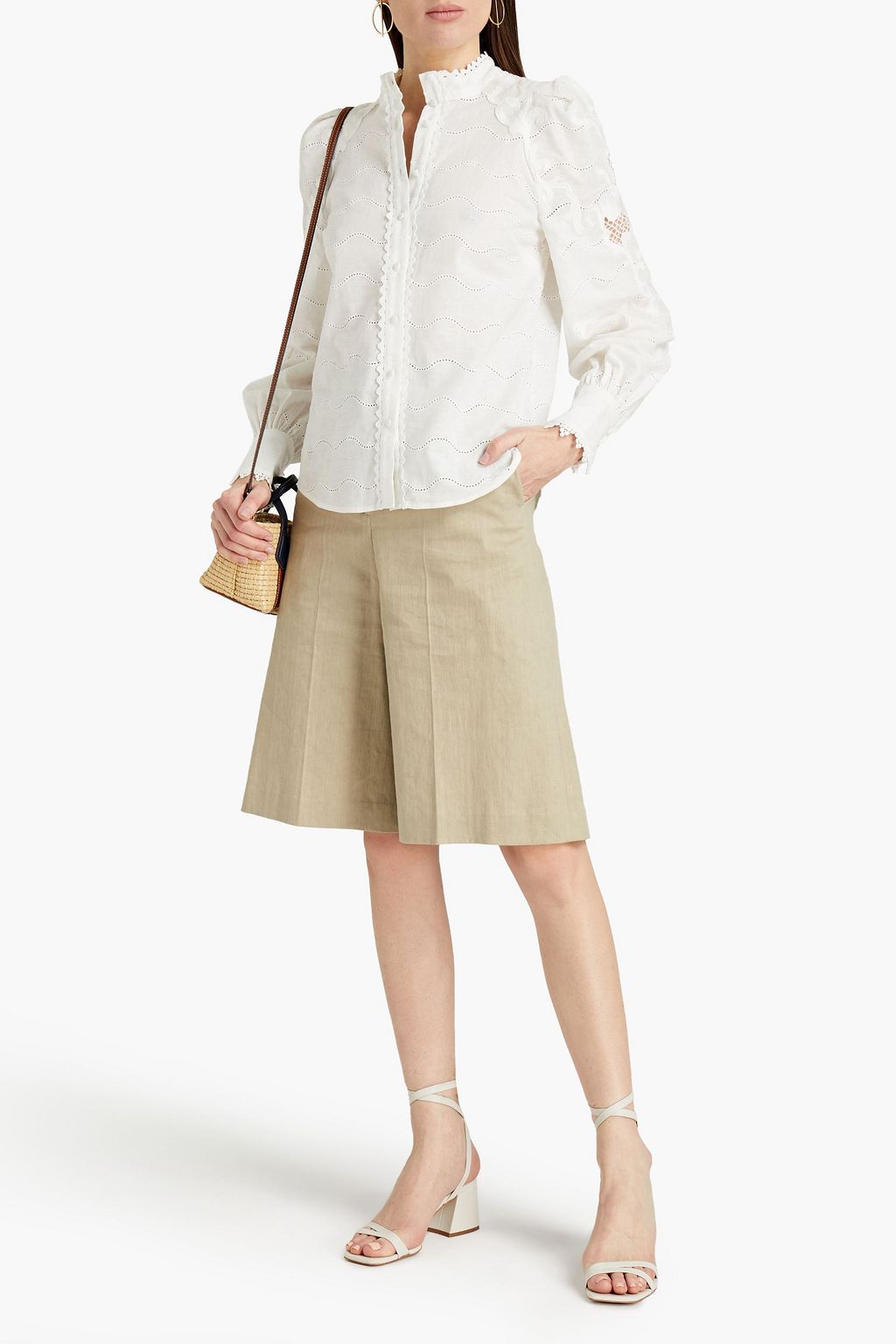 CLAUDIE PIERLOT Cacao broderie anglaise linen and cotton-blend shirt