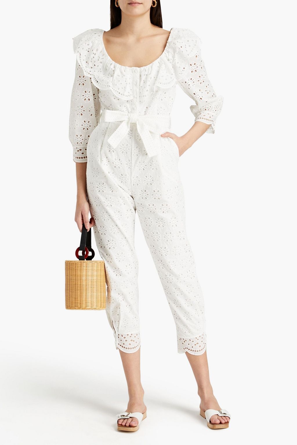 CLAUDIE PIERLOT Belted broderie anglaise cotton jumpsuit