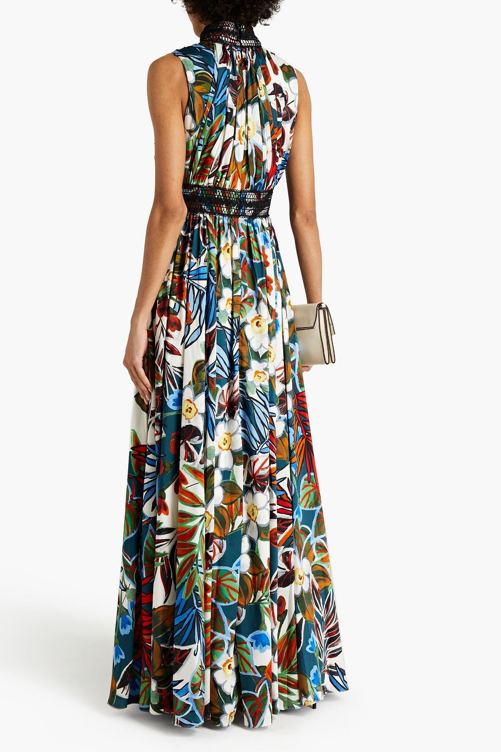 BADGLEY MISCHKA Lace-trimmed floral-print satin-twill gown
