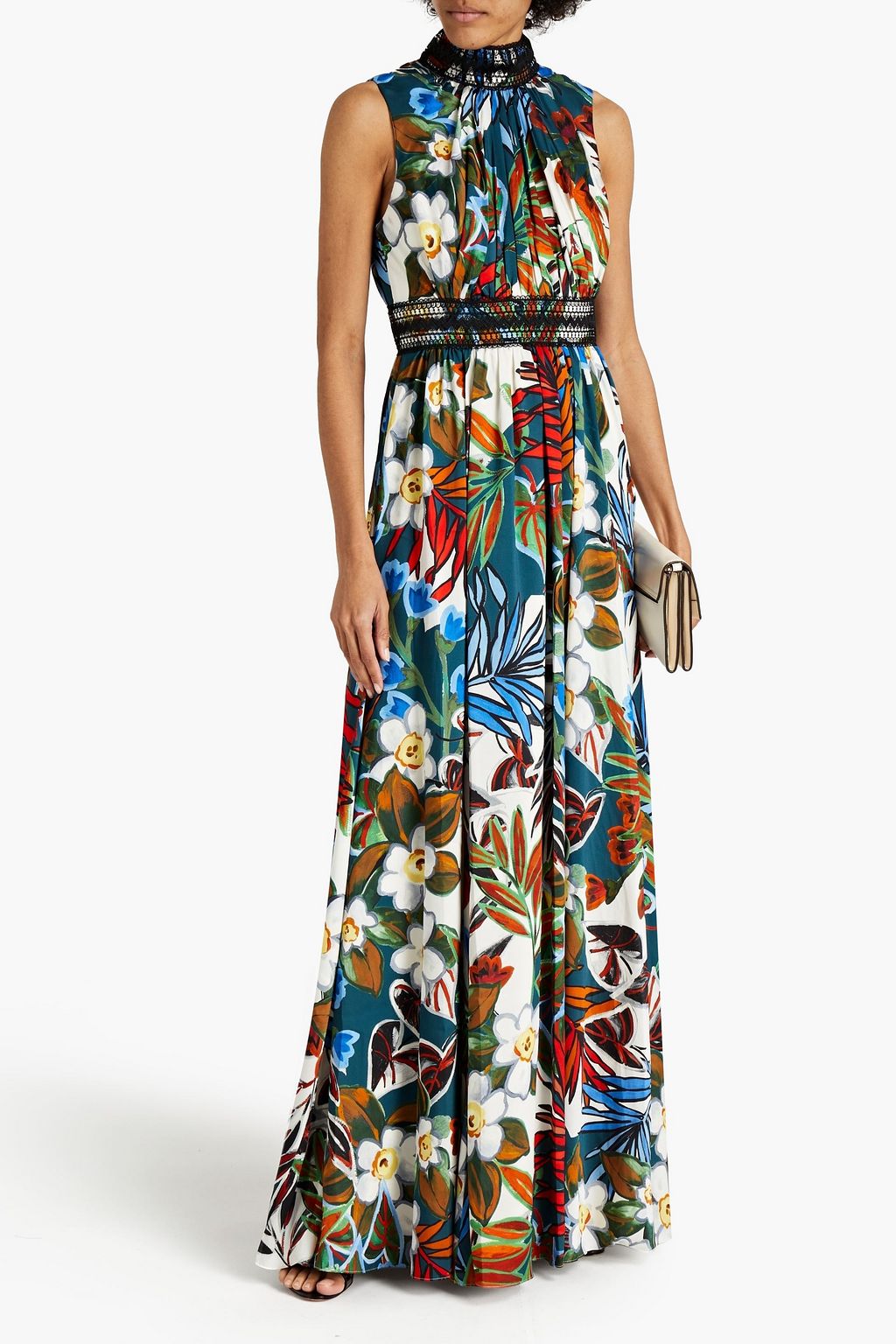 BADGLEY MISCHKA Lace-trimmed floral-print satin-twill gown