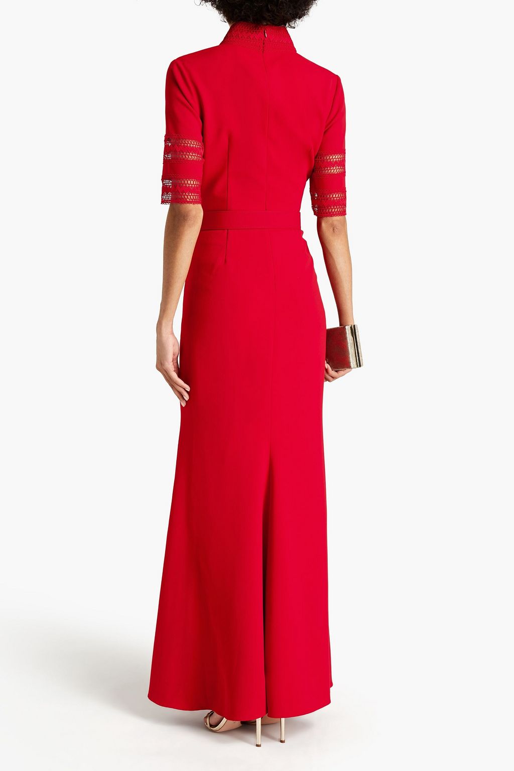 BADGLEY MISCHKA Belted guipure lace-trimmed crepe gown