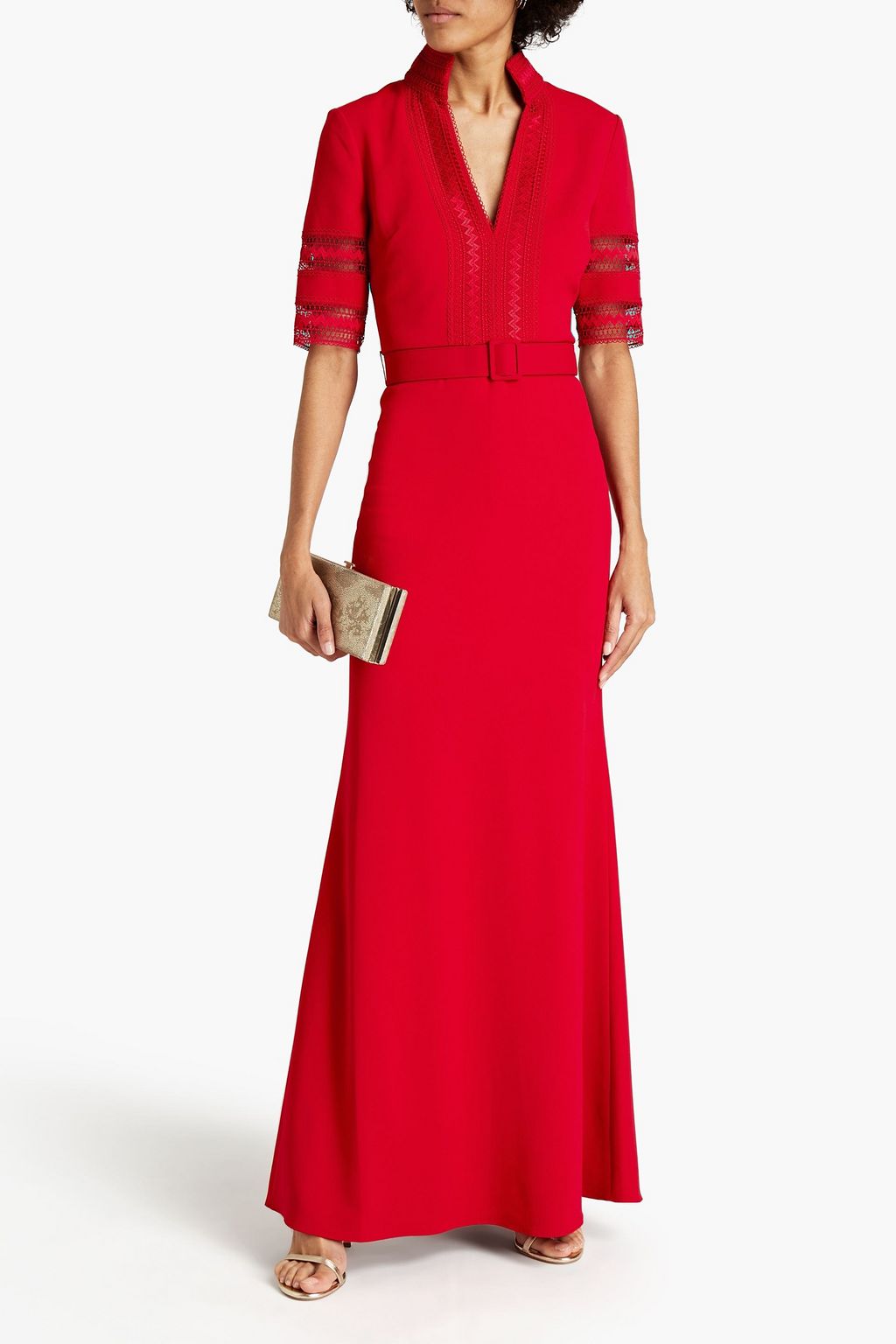 BADGLEY MISCHKA Belted guipure lace-trimmed crepe gown