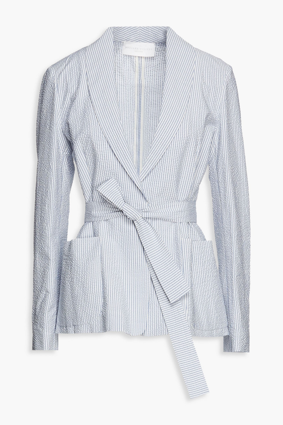 Fabiana Filippi Woman Belted Striped Cotton-blend Seersucker Blazer Light Blue Size 40