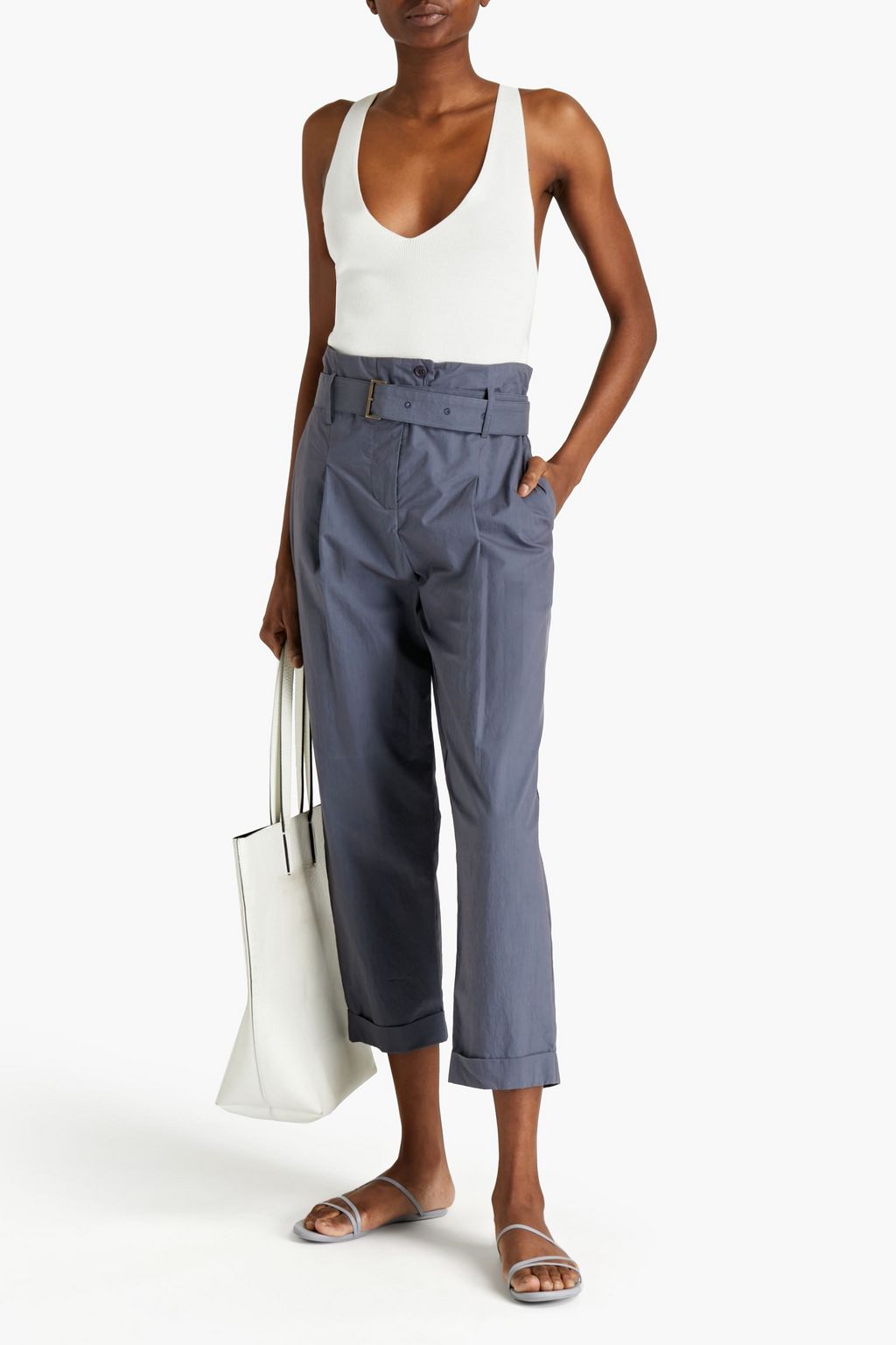 GENTRYPORTOFINO Cropped pleated cotton-poplin tapered pants