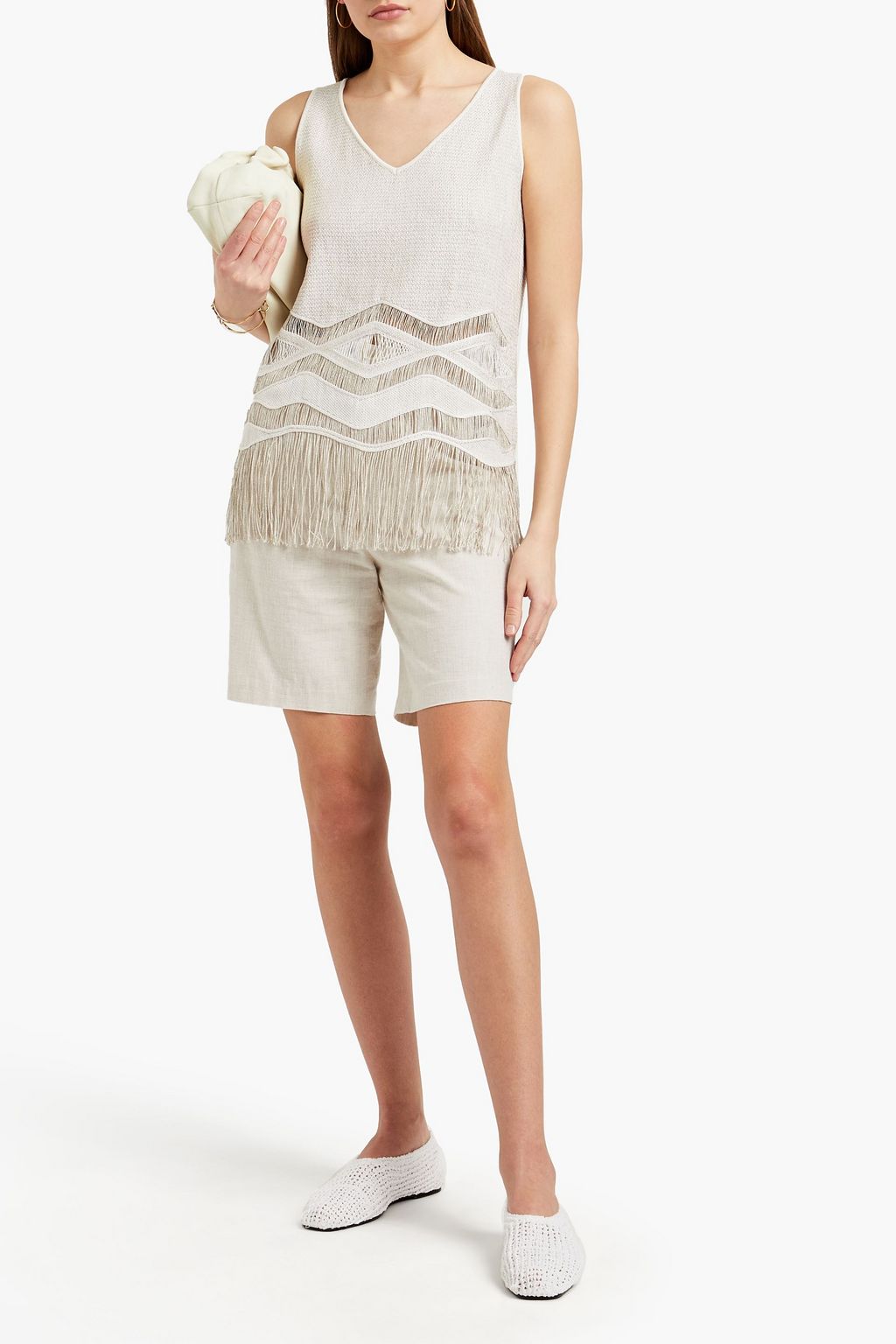 GENTRYPORTOFINO Fringed metallic crochet-knit linen-blend top