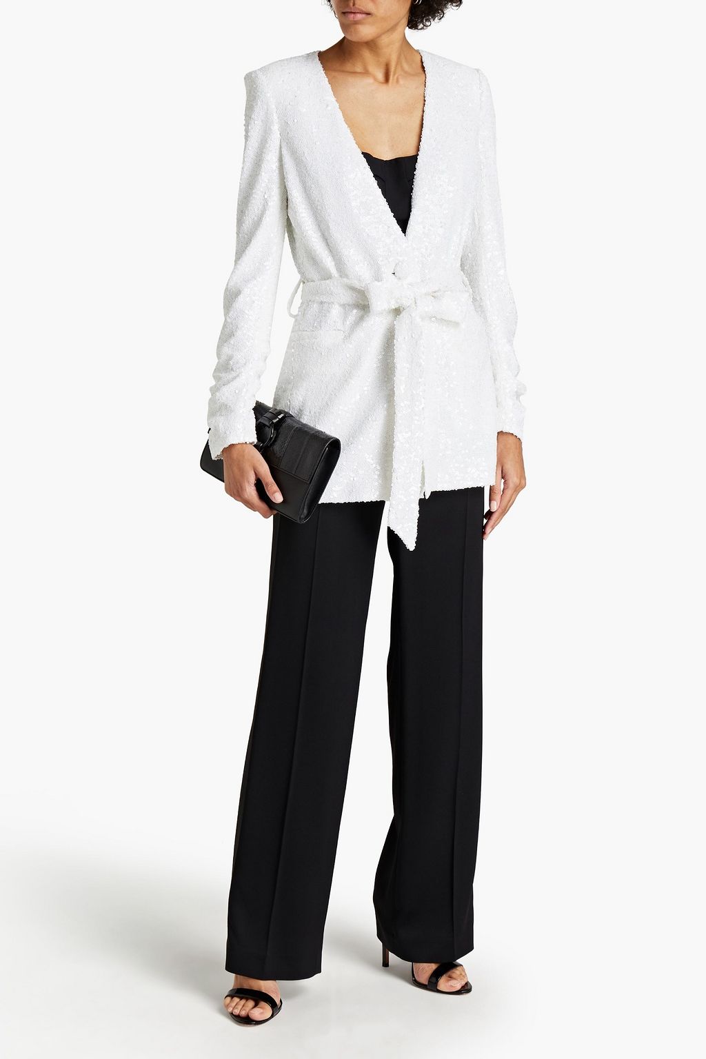 BADGLEY MISCHKA Belted ruched sequined mesh jacket