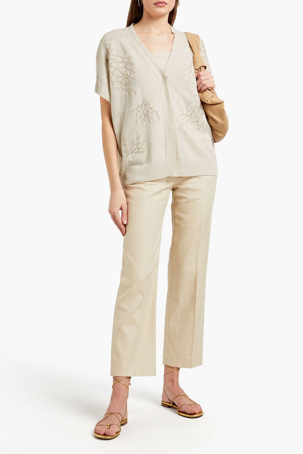 GENTRYPORTOFINO Embroidered mélange linen and cashmere-blend cardigan