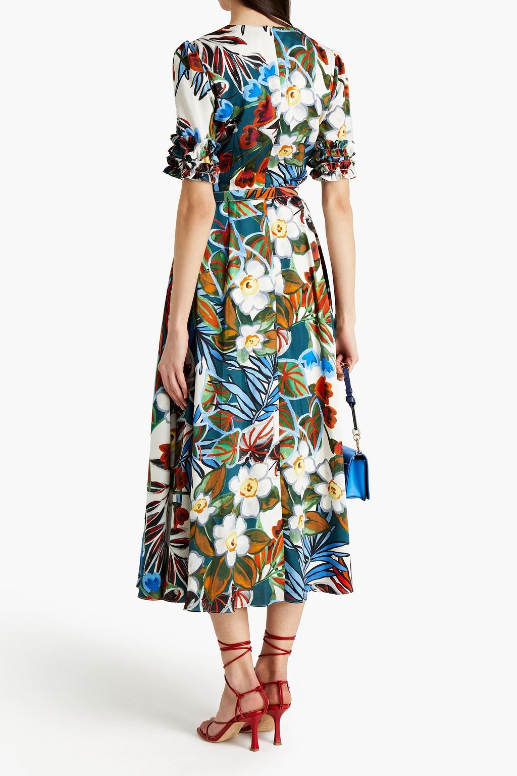 BADGLEY MISCHKA Belted pintucked floral-print satin-twill midi dress