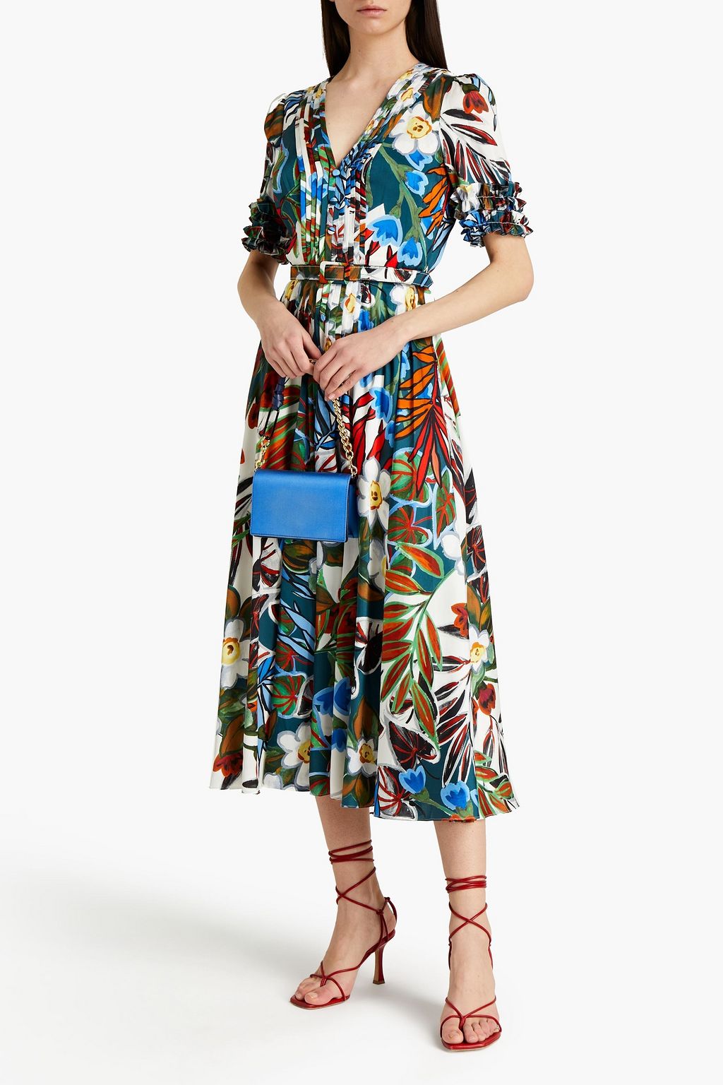 BADGLEY MISCHKA Belted pintucked floral-print satin-twill midi dress