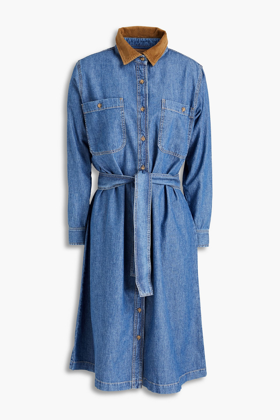 American Vintage Woman Corduroy-trimmed Denim Shirt Dress Mid Denim Size L