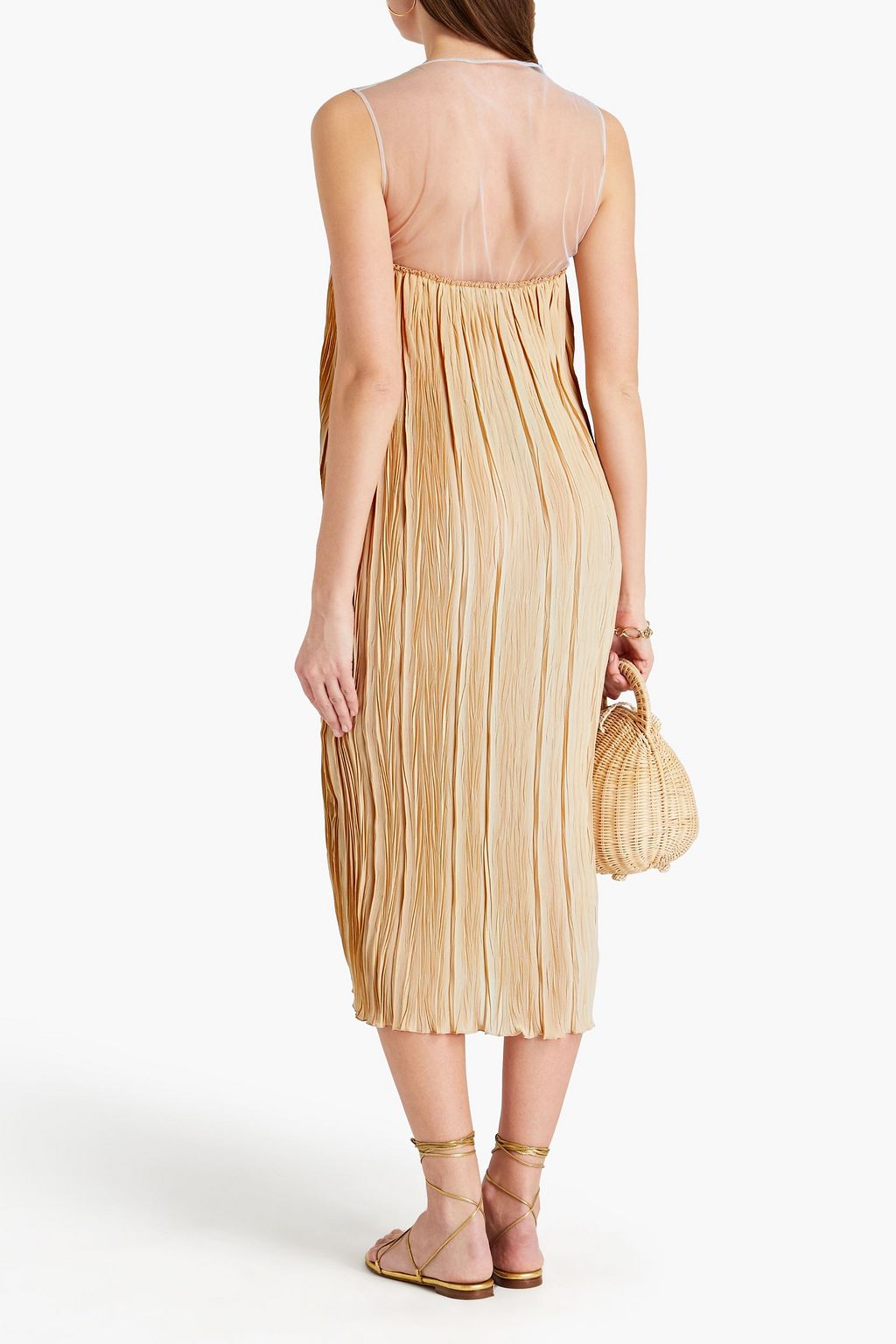 GENTRYPORTOFINO Tulle-paneled plissé silk crepe de chine midi dress