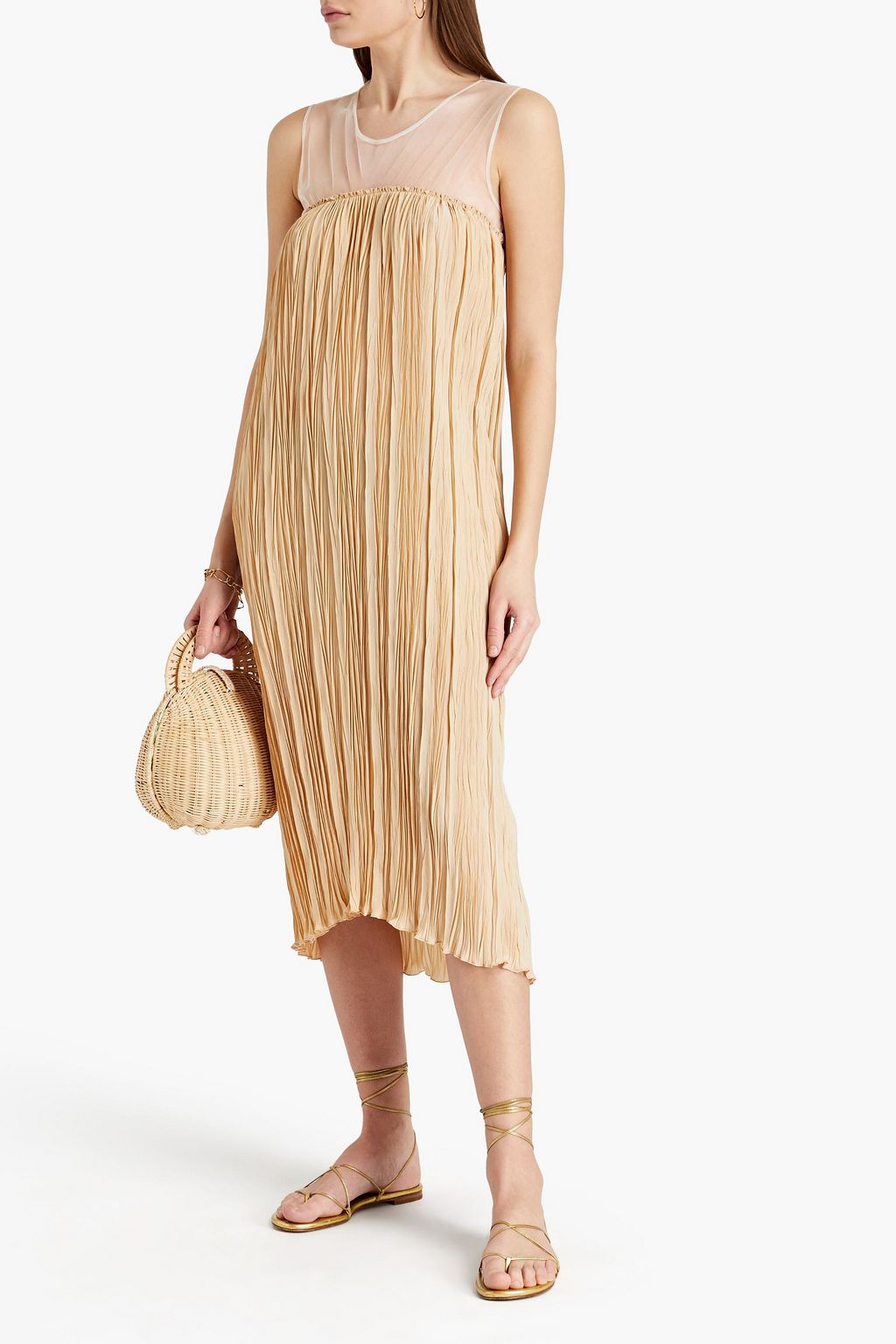 GENTRYPORTOFINO Tulle-paneled plissé silk crepe de chine midi dress
