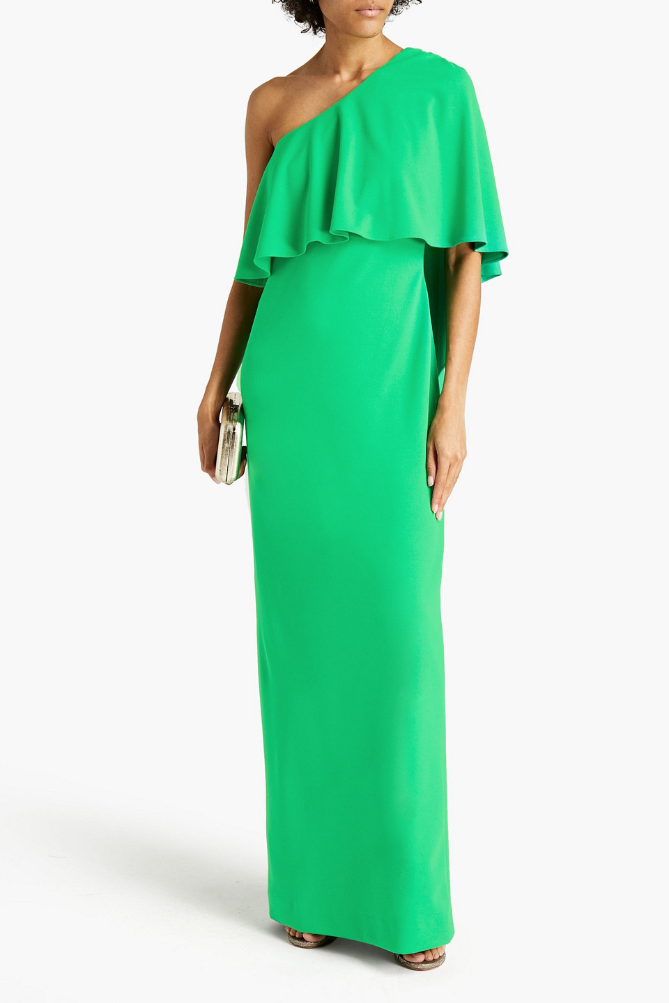 Badgley Mischka One-shoulder Draped Stretch-crepe Gown In Green