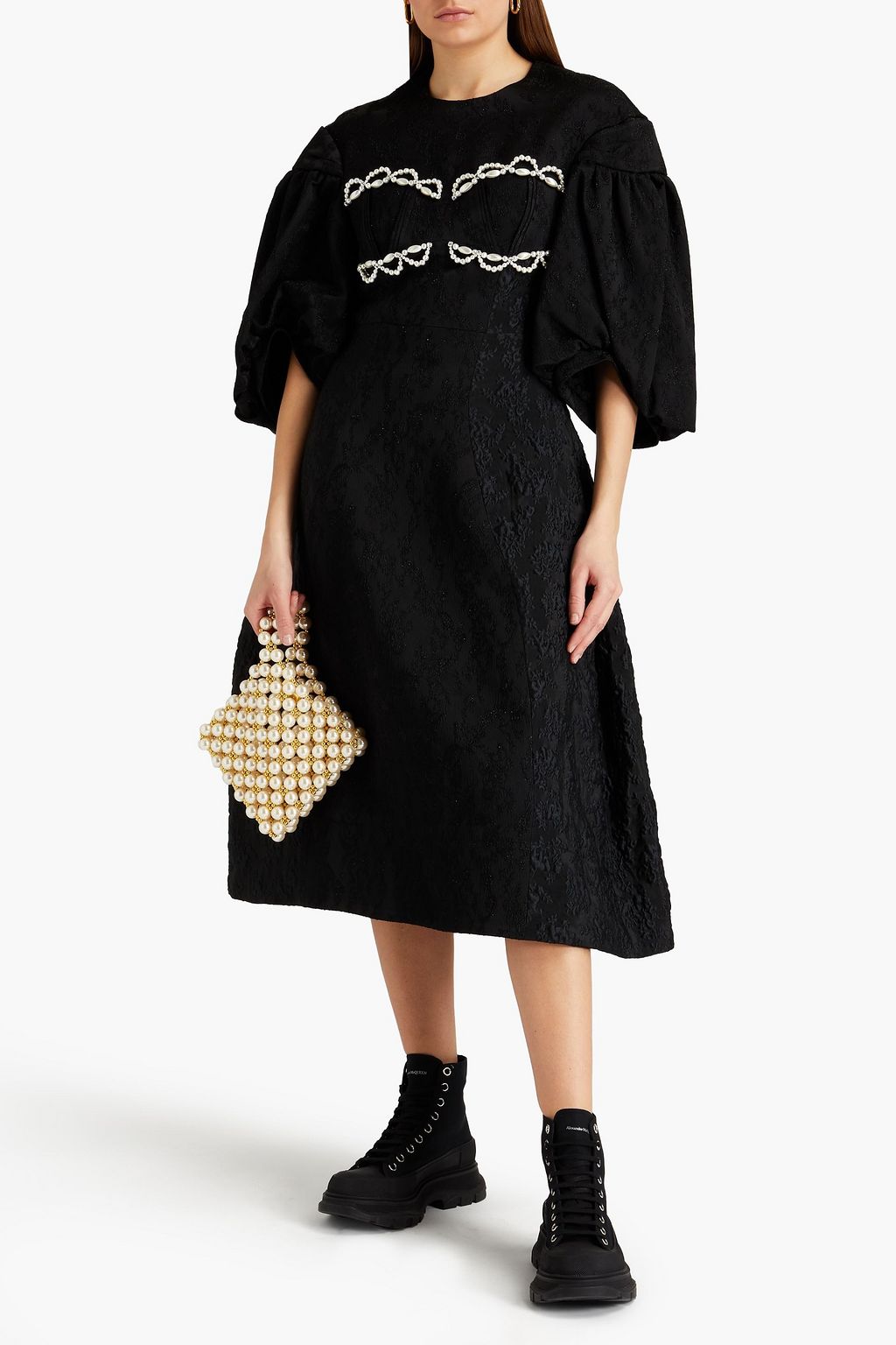 SIMONE ROCHA Cloqué-paneled embellished satin midi dress