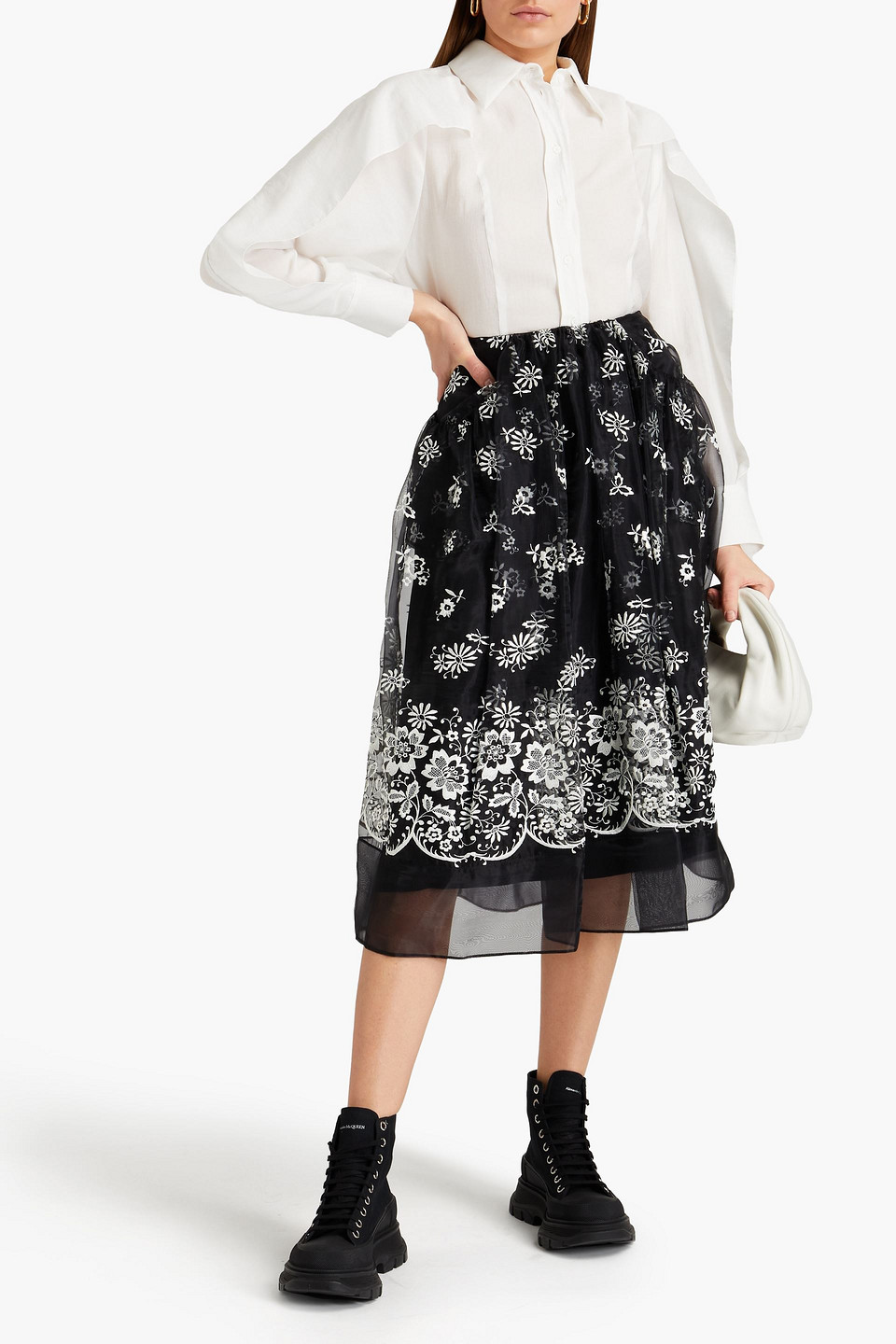 Simone Rocha Embroidered Organza Midi Skirt In Black