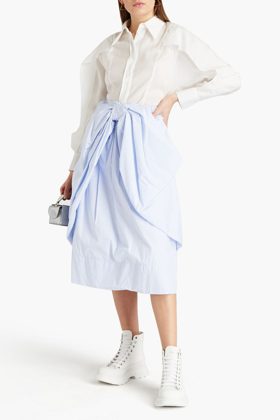 Simone Rocha Bow-embellished Striped Cotton-poplin Midi Skirt In Blue