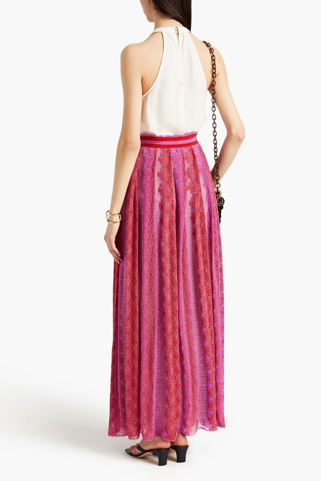 MISSONI Pleated metallic crochet-knit maxi skirt