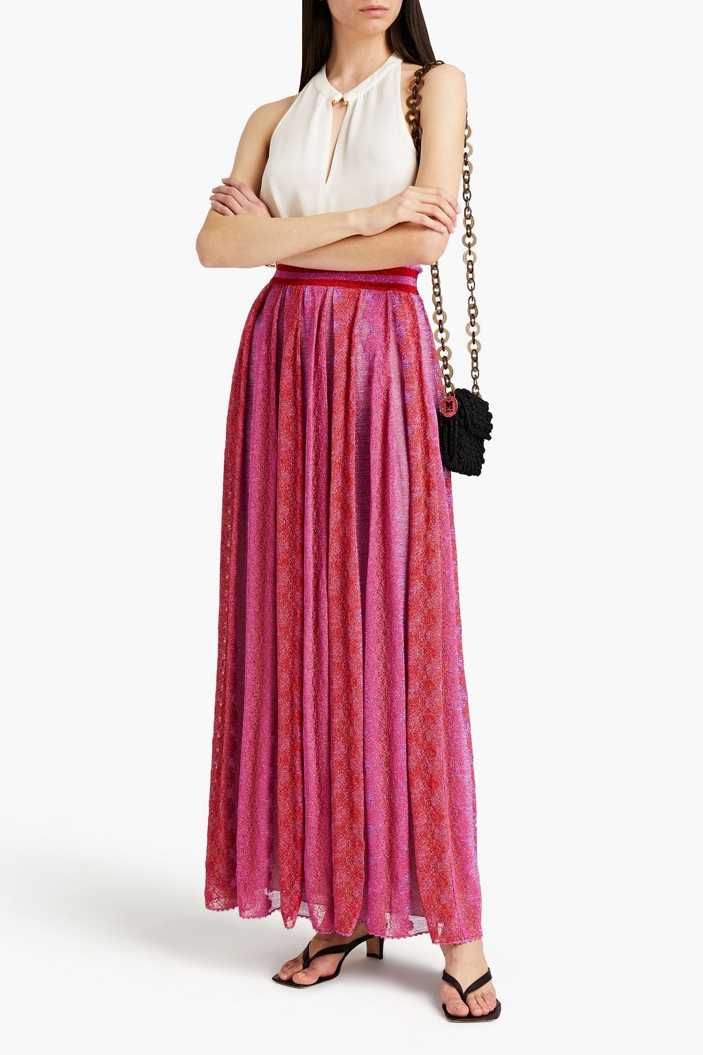 MISSONI Pleated metallic crochet-knit maxi skirt
