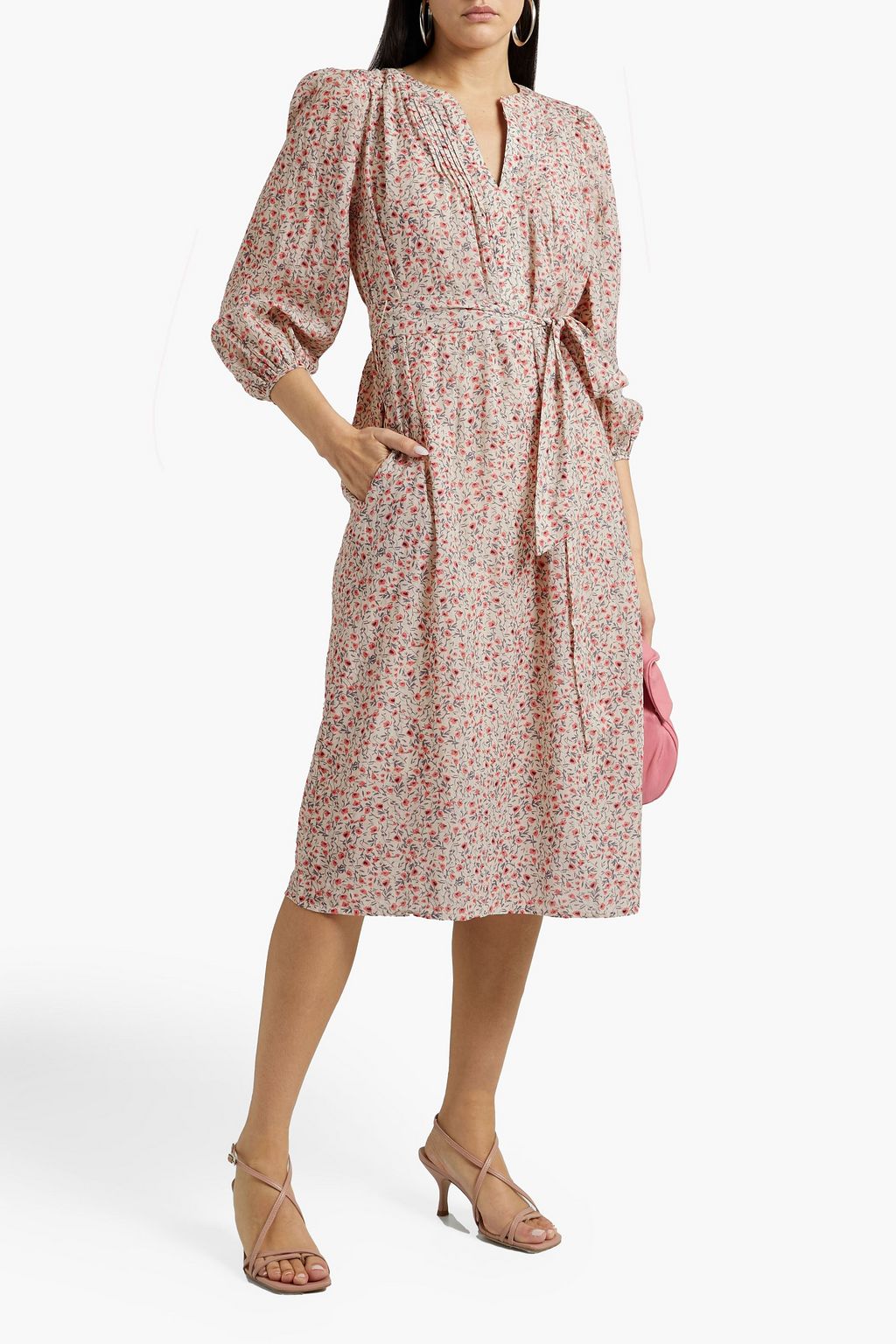 VELVET BY GRAHAM & SPENCER Belted pintucked floral-print cotton-voile dress