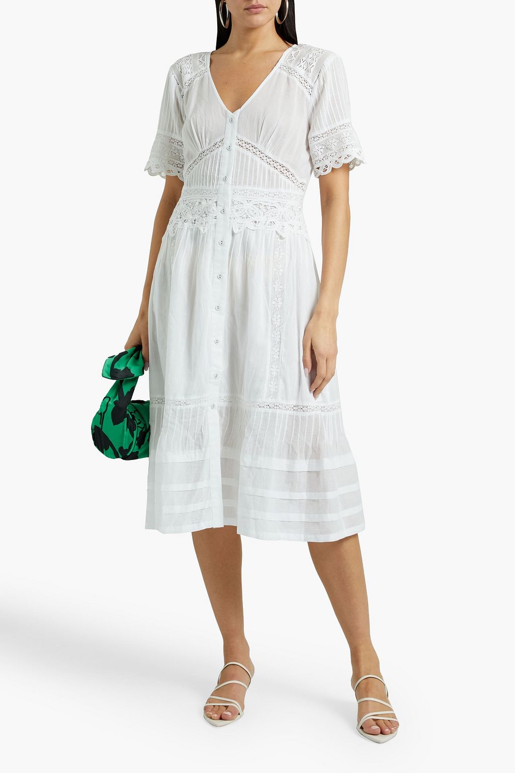 VELVET BY GRAHAM & SPENCER Pintucked lace-paneled cotton-voile midi dress