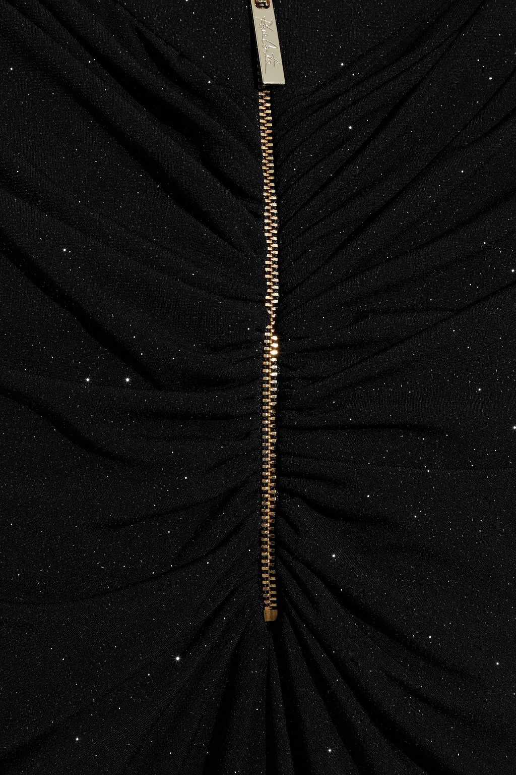 RHEA COSTA Open-back gathered glittered jersey gown