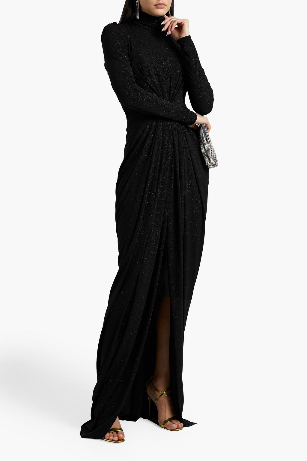 RHEA COSTA Open-back gathered glittered jersey gown