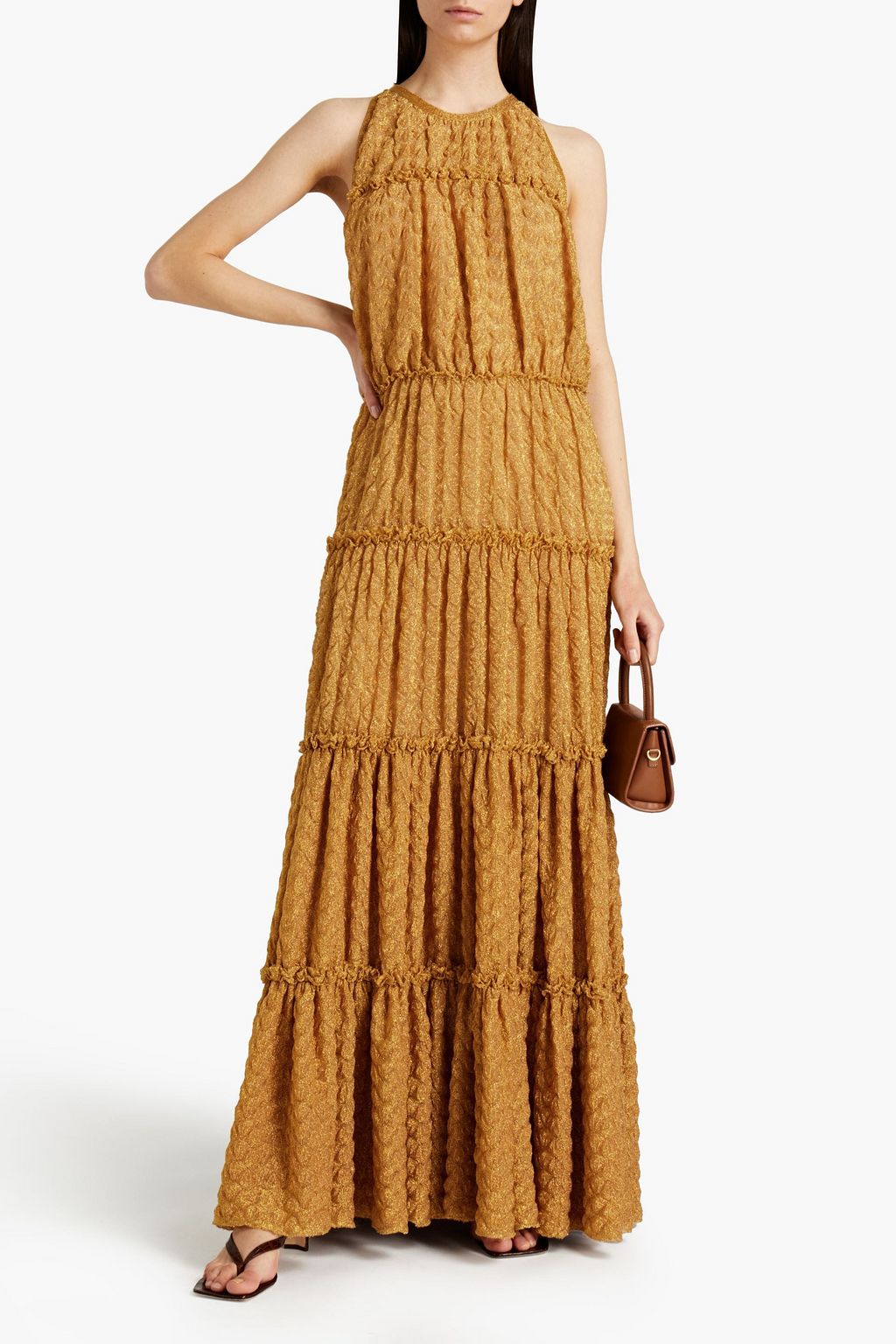 MISSONI Gathered metallic crochet-knit maxi dress
