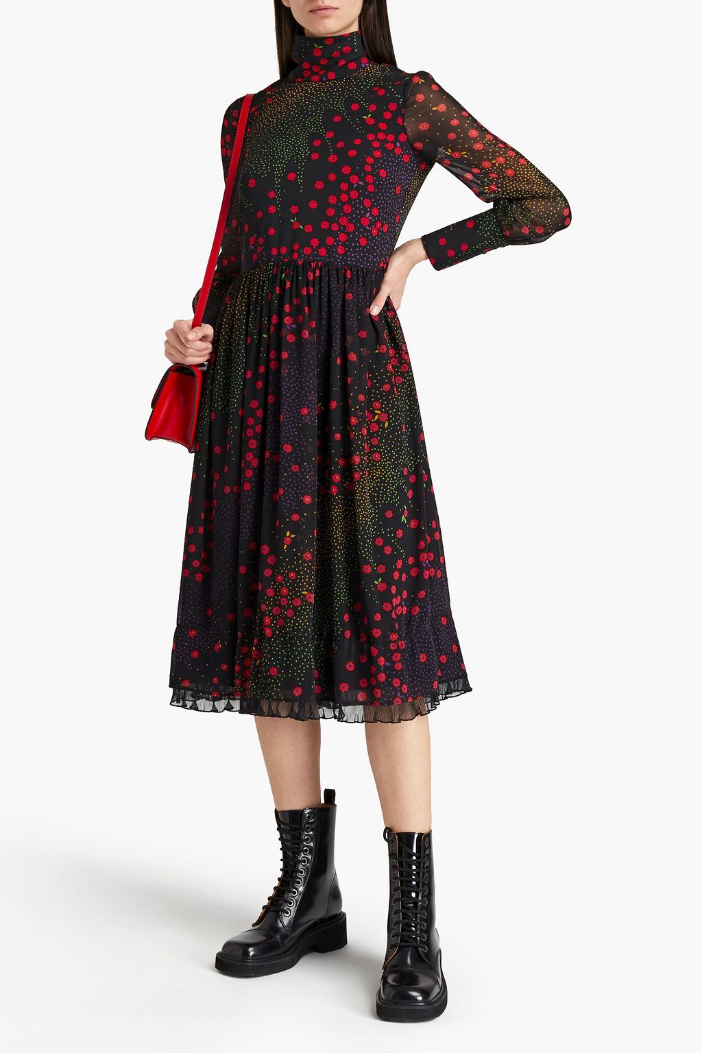 REDVALENTINO 플로럴 프린트 조젯 터틀넥 미디 드레스