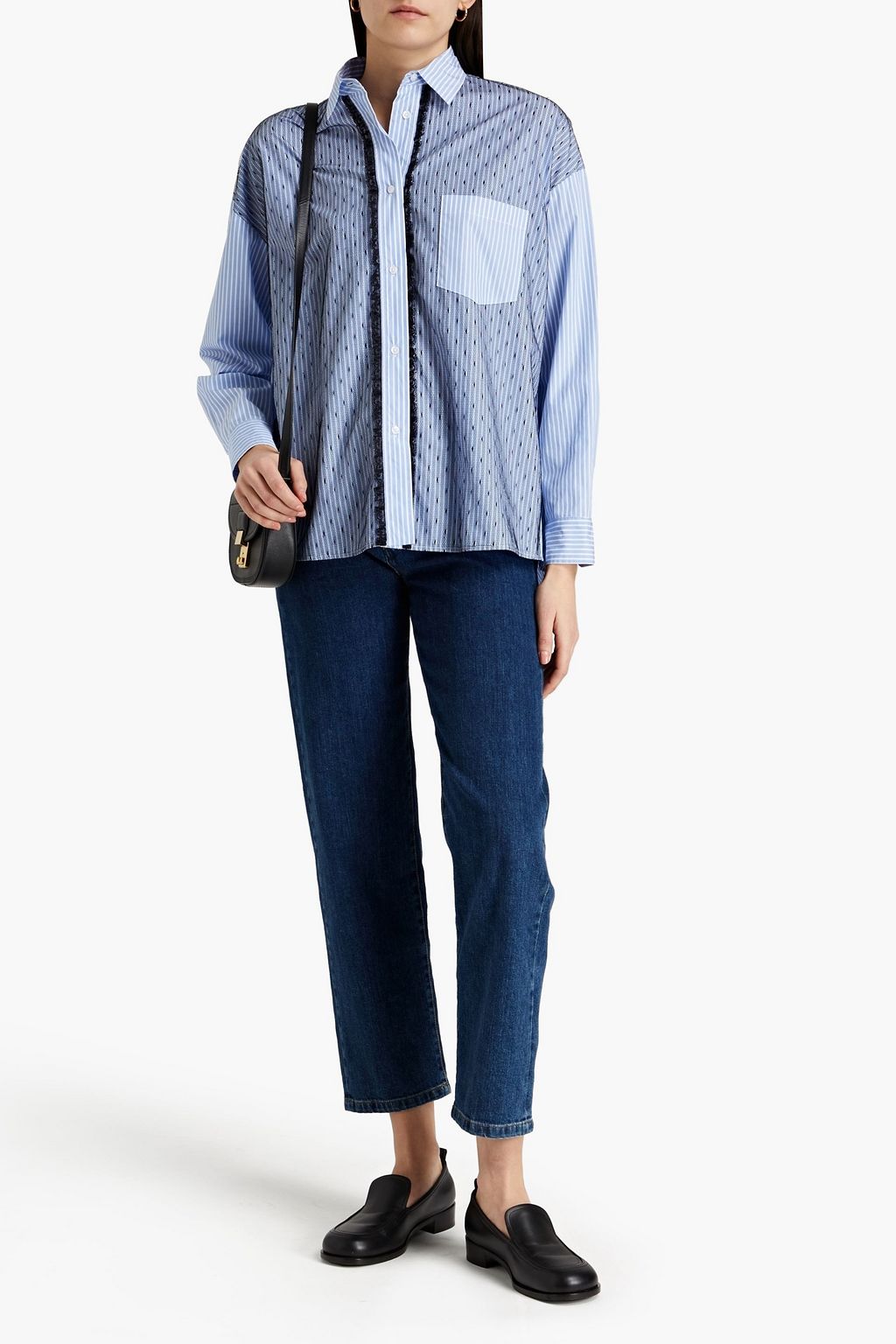 REDVALENTINO Point d'esprit-paneled striped cotton-poplin shirt