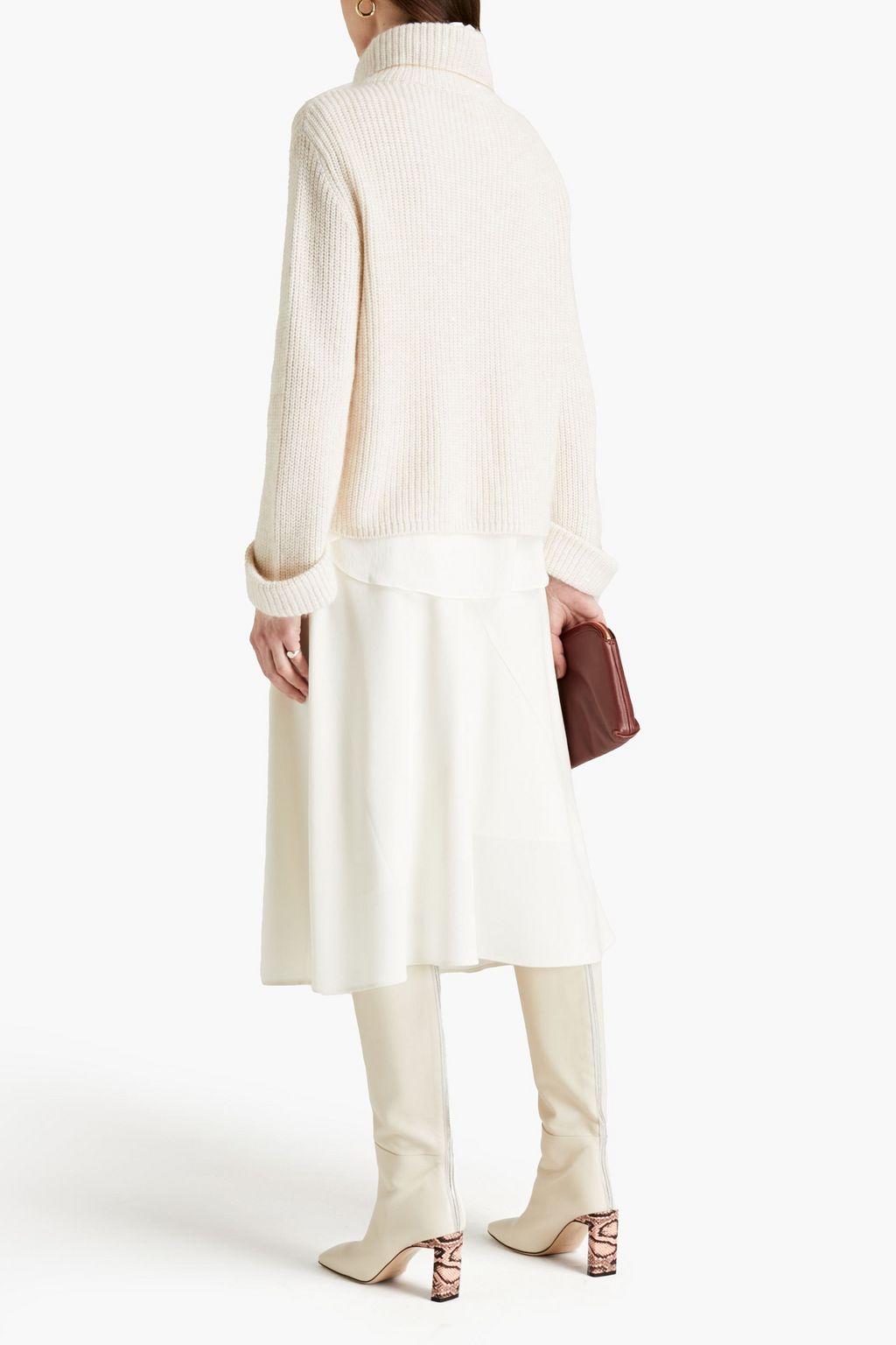 BRUNELLO CUCINELLI Layered crepe de chine and ribbed cashmere-blend turtleneck sweater