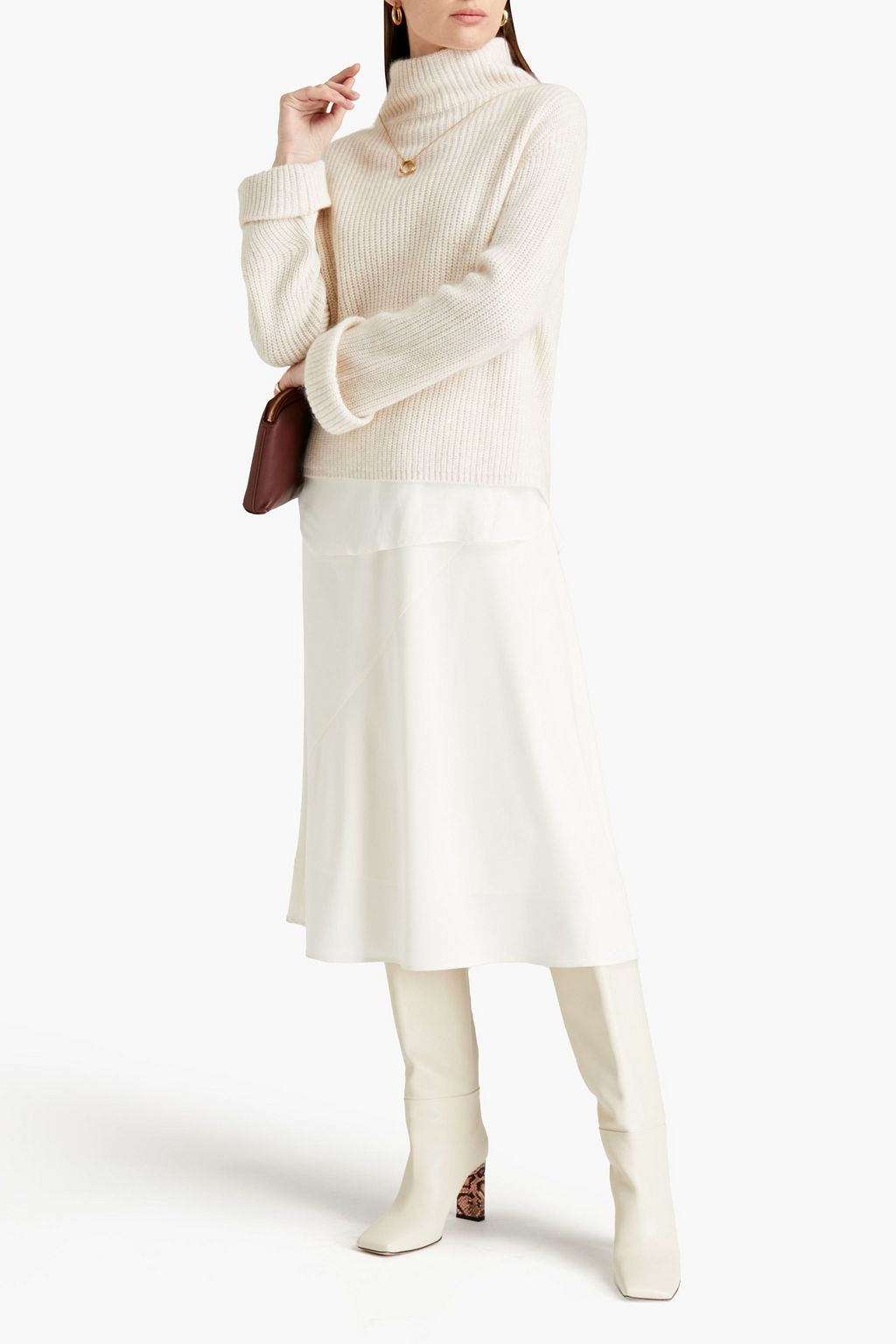 BRUNELLO CUCINELLI Layered crepe de chine and ribbed cashmere-blend turtleneck sweater