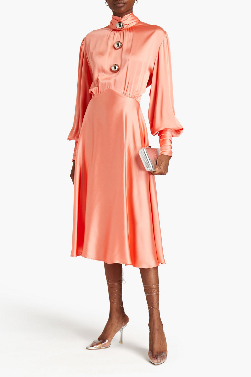 Christopher Kane Studded Gathered Satin Midi Dress In Orange