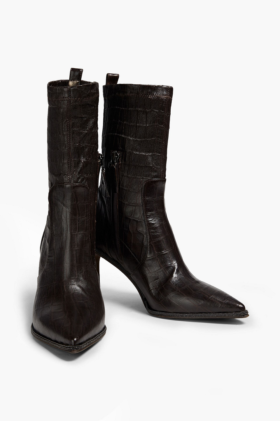 Brunello Cucinelli Bead-embellished Croc-effect Leather Boots In Brown