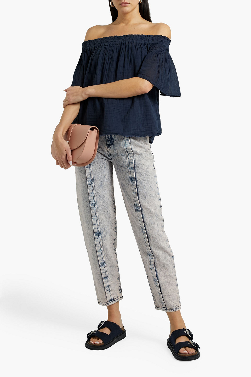 Velvet By Graham & Spencer Off-the-shoulder Cotton-gauze Top In Navy