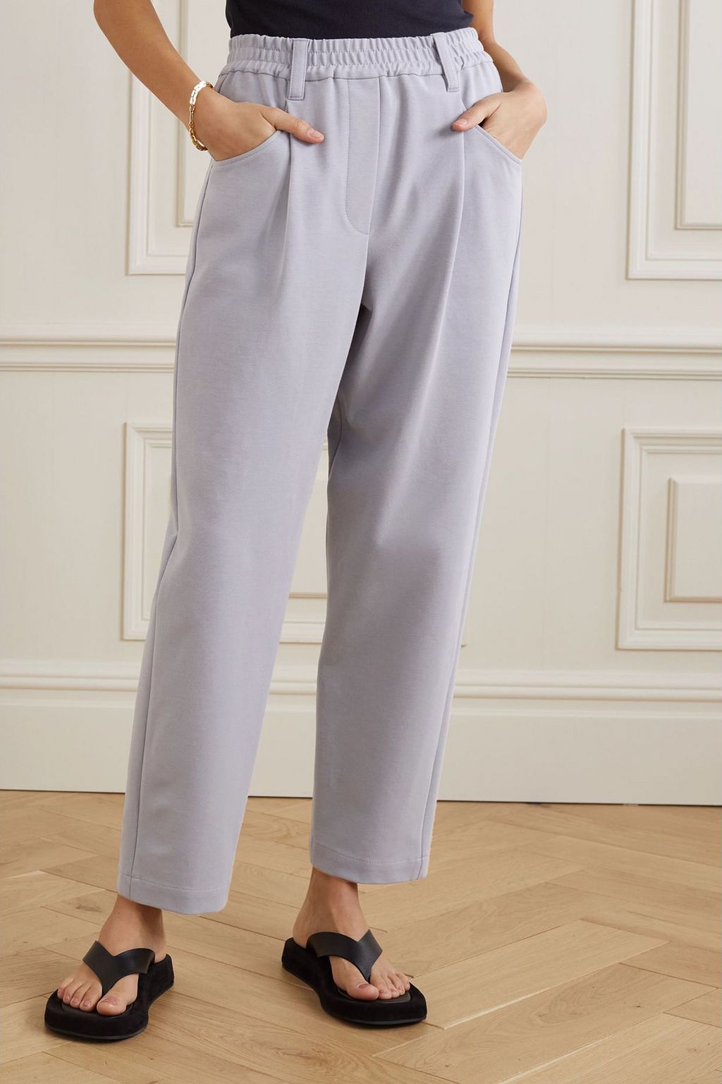 BRUNELLO CUCINELLI Pleated cotton-blend stretch-jersey tapered pants