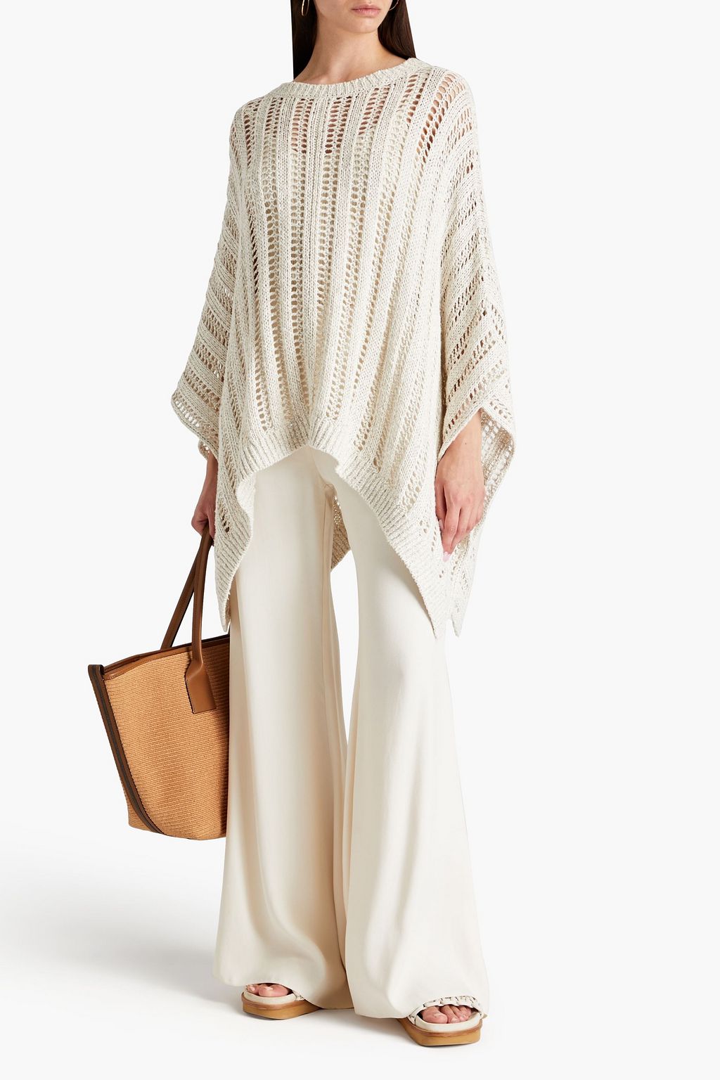 BRUNELLO CUCINELLI Bead-embellished open-knit cotton-blend poncho