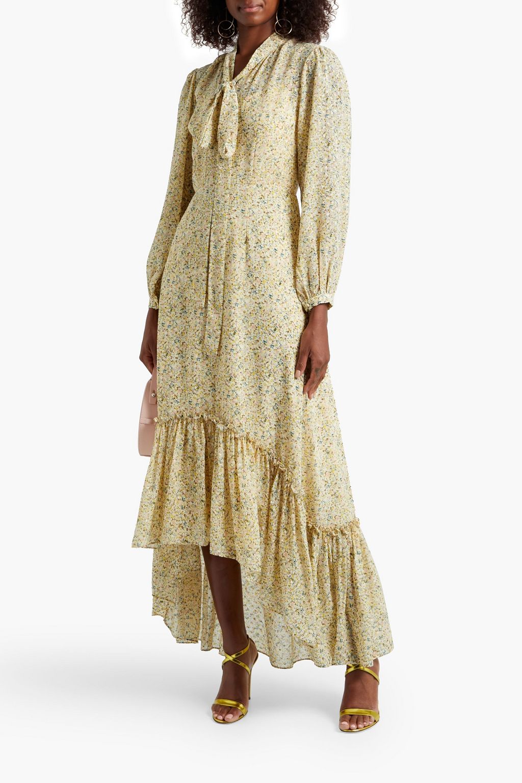 MIKAEL AGHAL Tie-neck gathered printed fil coupé and chiffon maxi dress